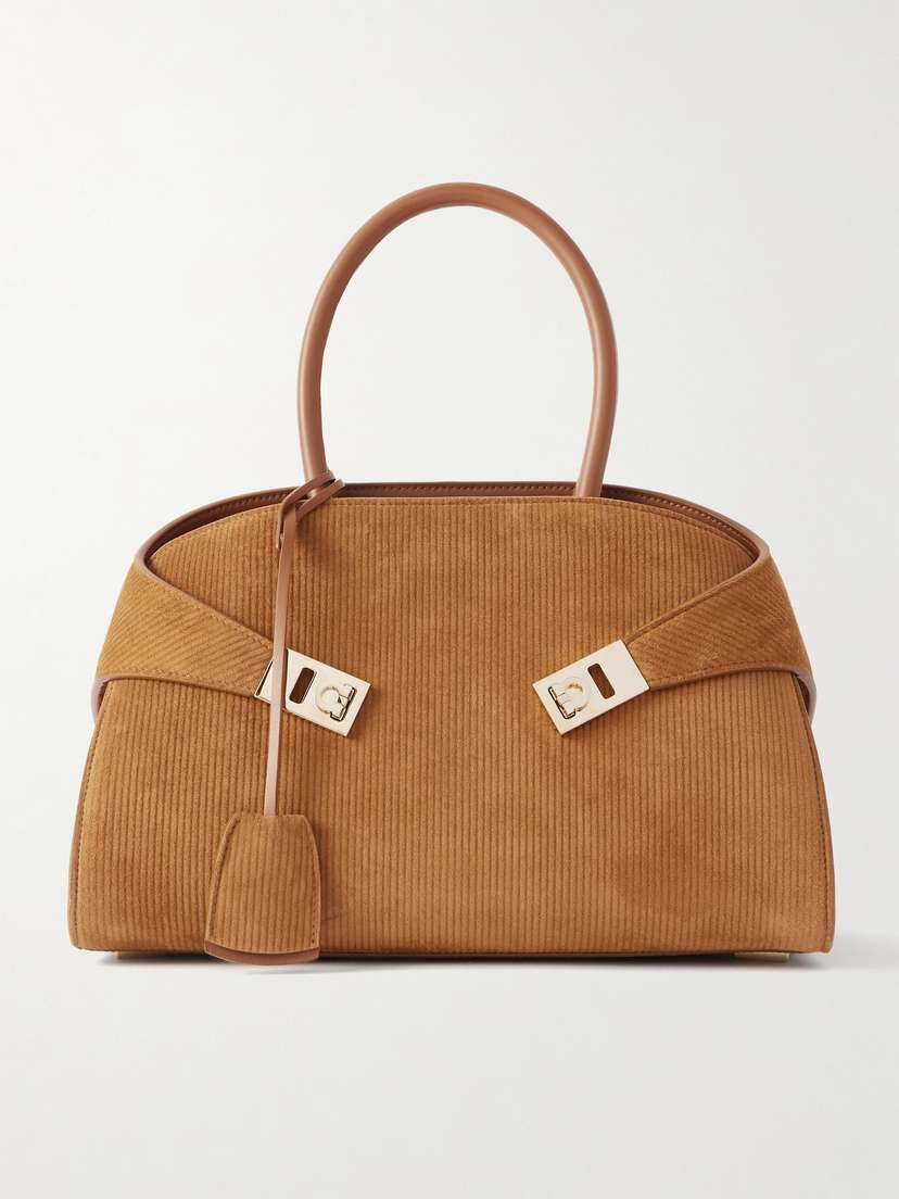 Ferragamo Hug Grainy Small Embellished Leather-trimmed Ribbed Suede Tote