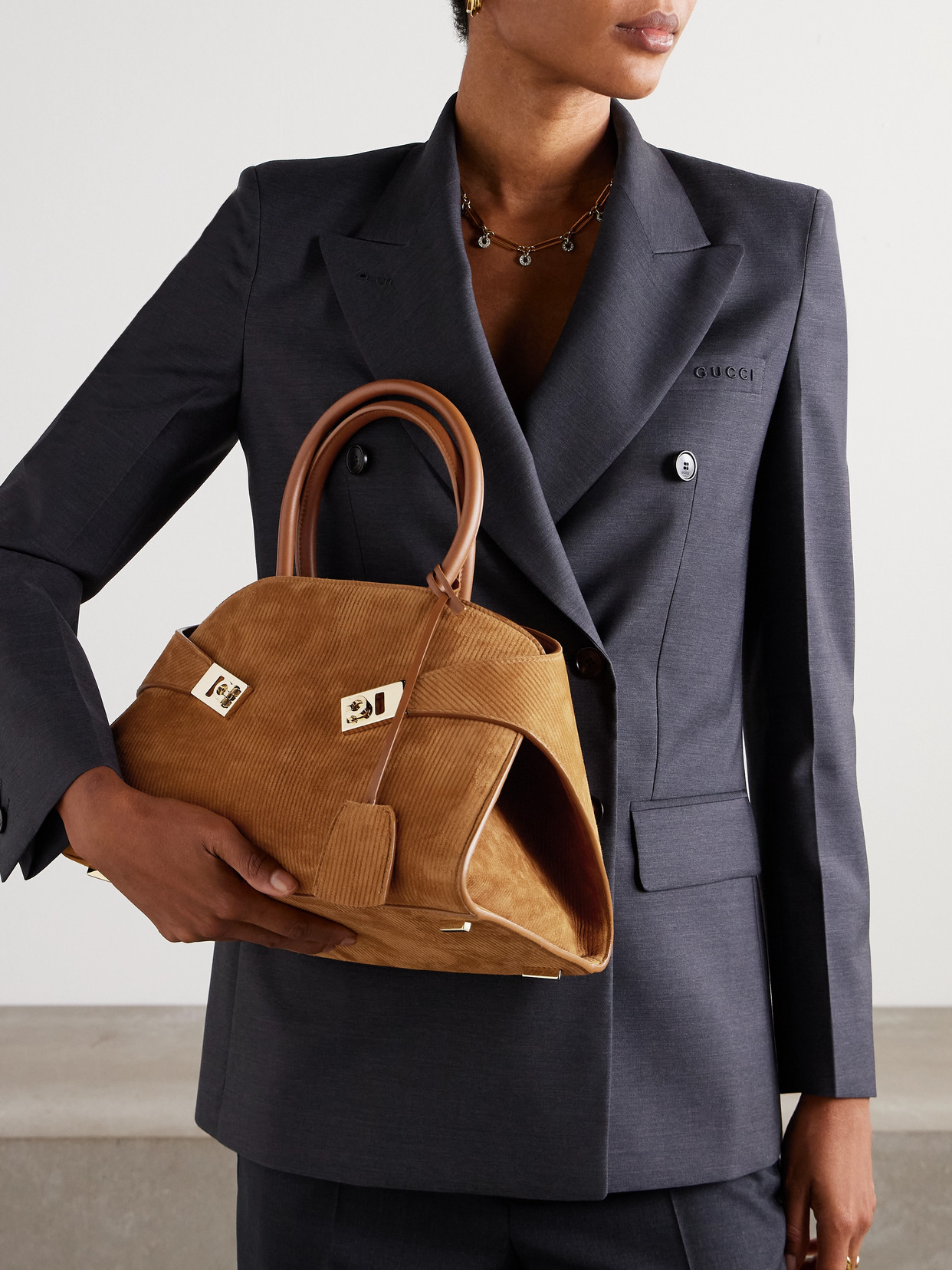 Ferragamo Hug Grainy Small Embellished Leather-trimmed Ribbed Suede Tote In Brown