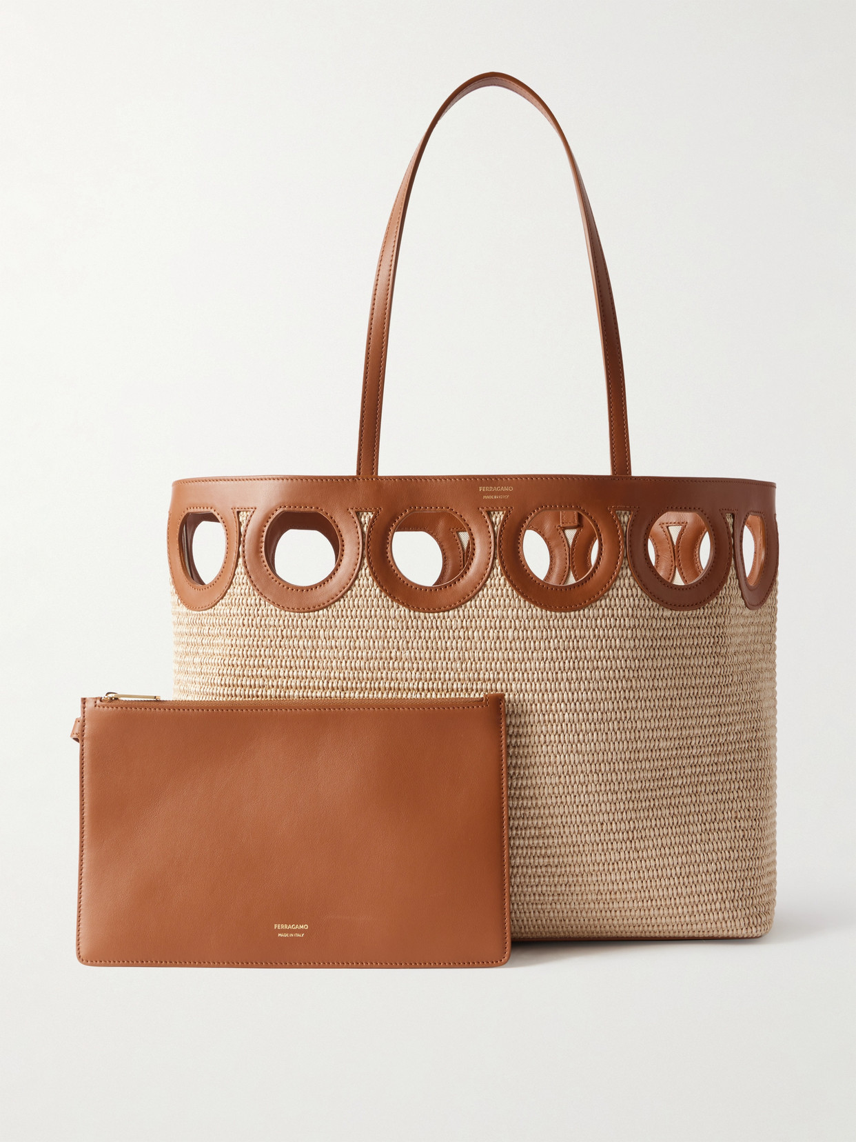 Ferragamo Leather-trimmed Raffia Tote