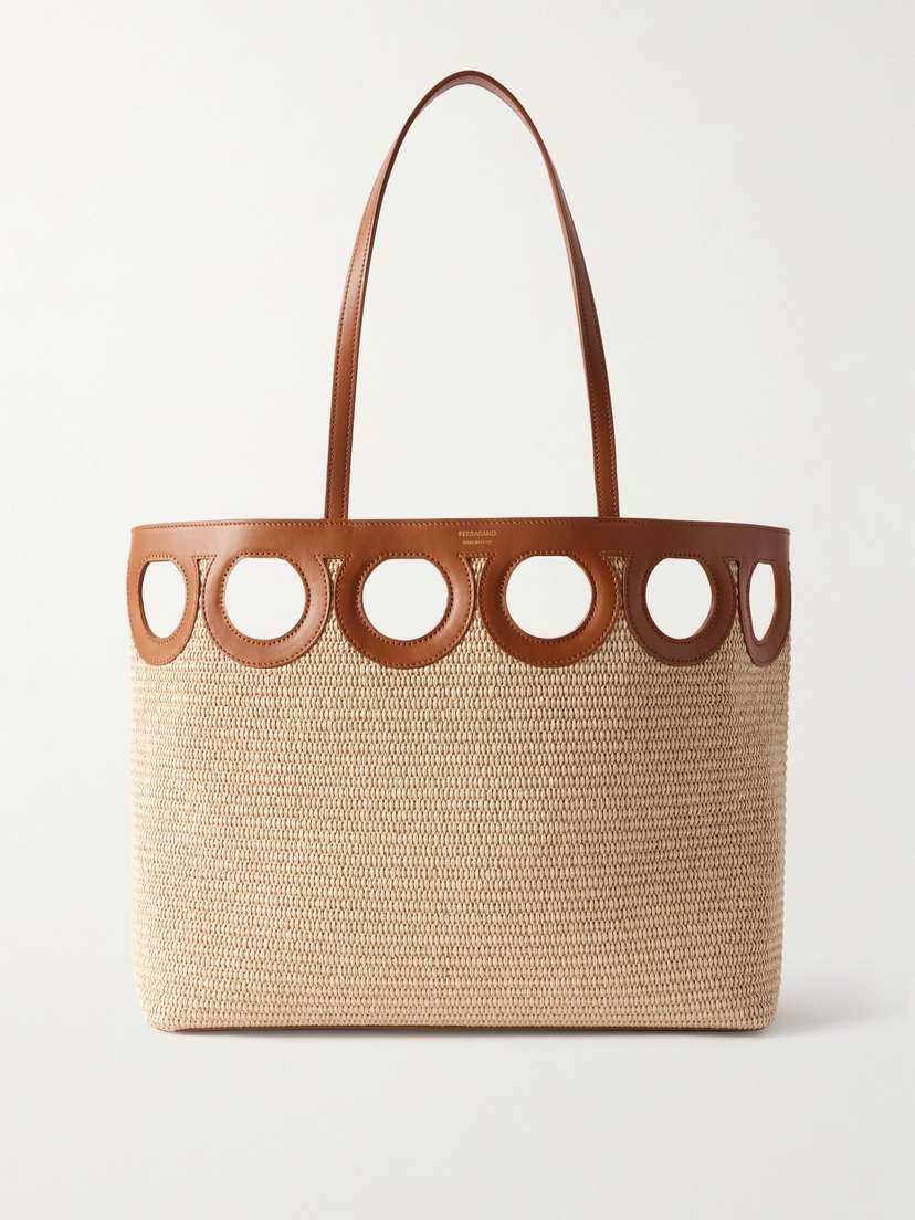 Ferragamo Leather-trimmed Raffia Tote