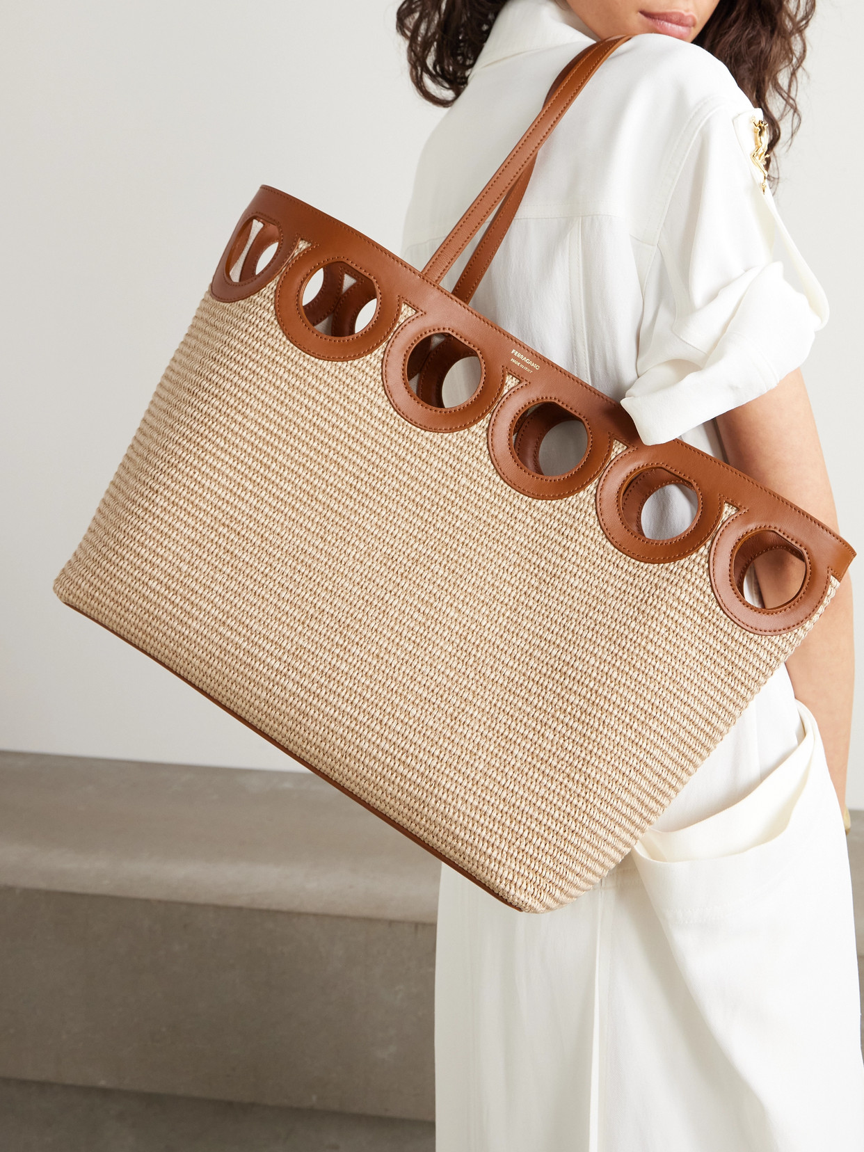 Ferragamo Leather-trimmed Raffia Tote