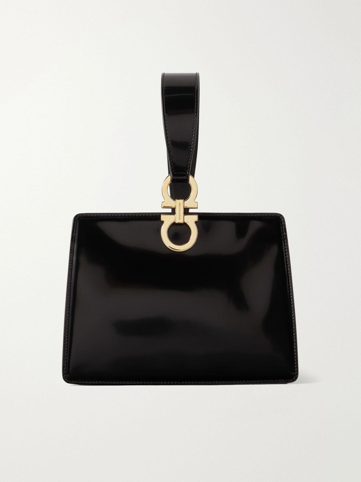 Mini embellished glossed-leather clutch