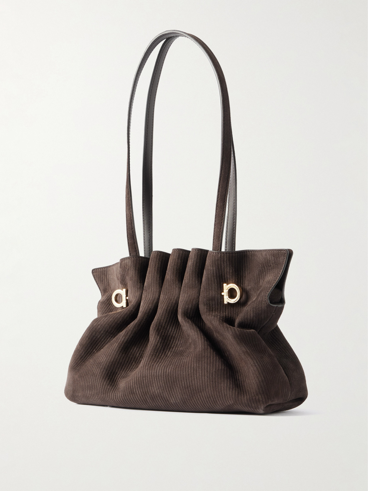 Ferragamo Small Embellished Gathered Ribbed Suede Shoulder Bag