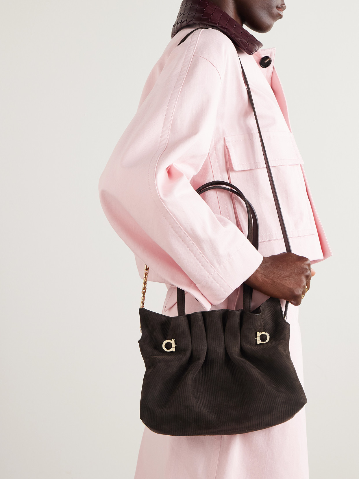 Ferragamo Small Embellished Gathered Ribbed Suede Shoulder Bag