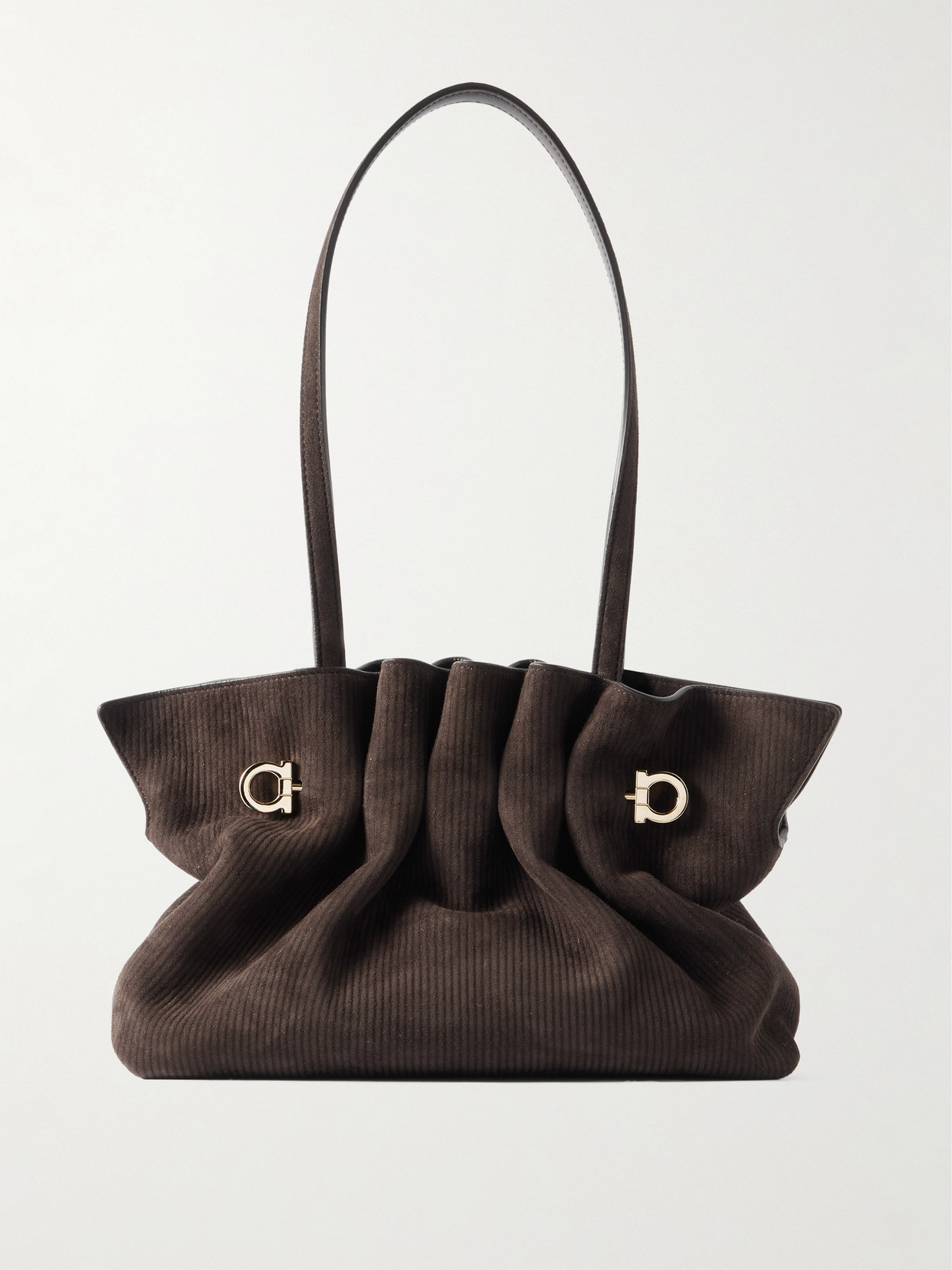 Ferragamo Small Embellished Gathered Ribbed Suede Shoulder Bag In Brown