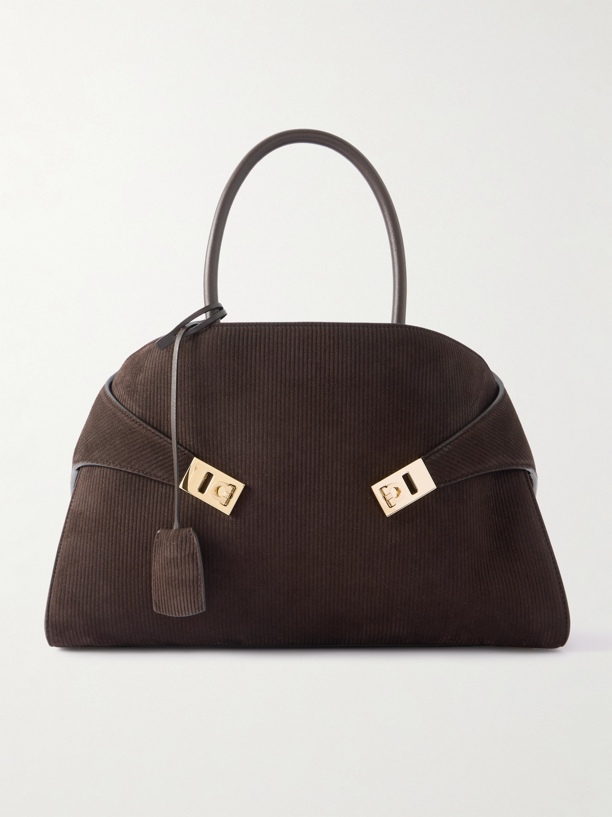 Ferragamo Hug Medium Leather-trimmed Ribbed-suede Tote In Brown