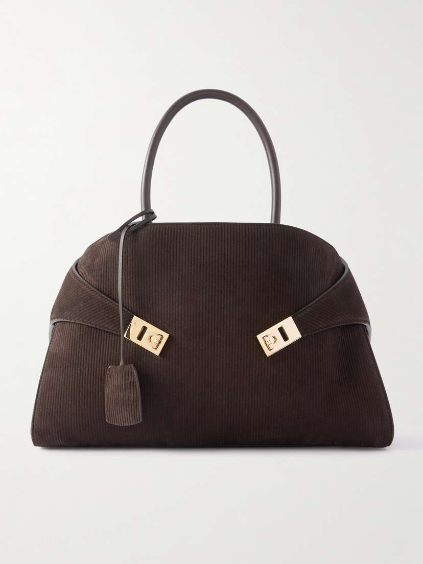 Ferragamo Hug Medium Leather-trimmed Ribbed-suede Tote