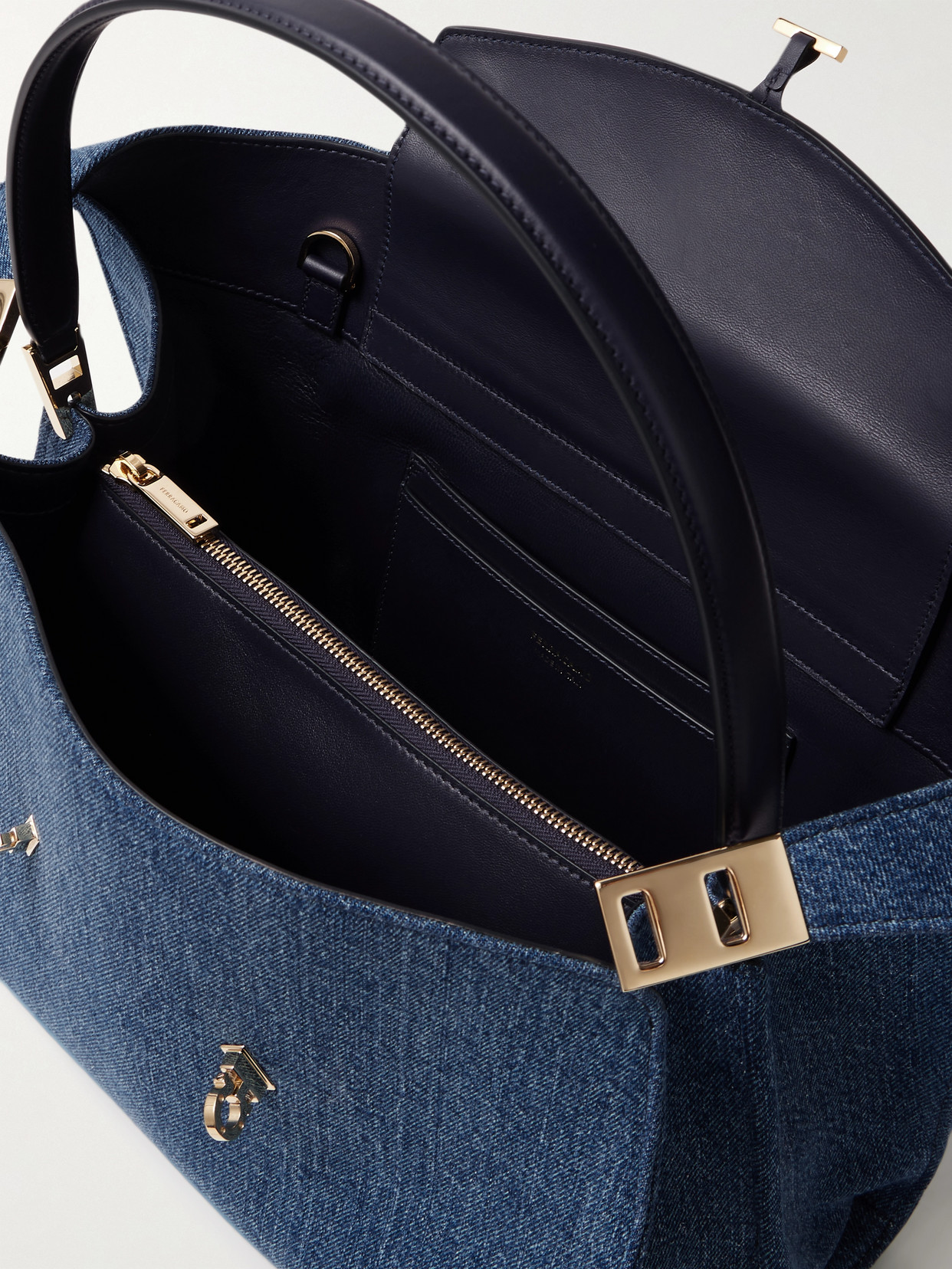 Ferragamo Hug Small Denim Tote In Blue