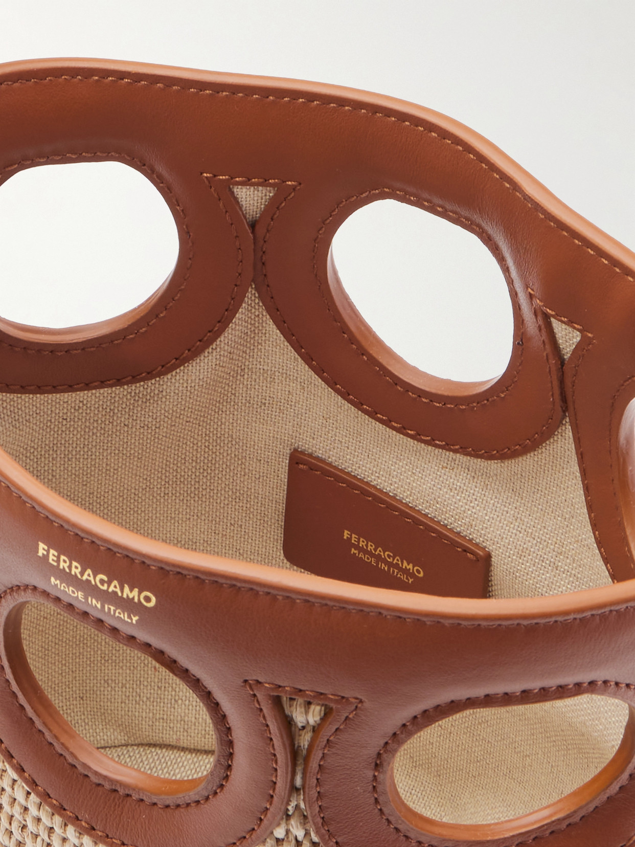 Ferragamo Cutout Leather-paneled Raffia Tote
