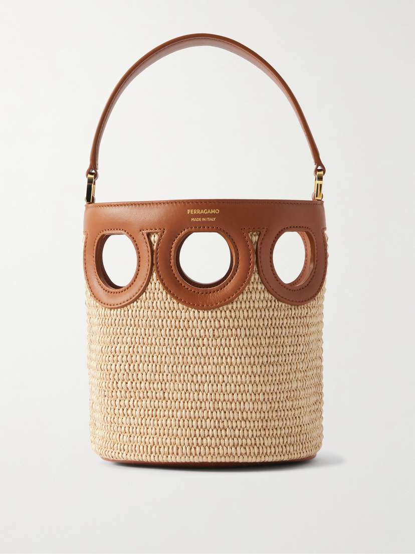 Ferragamo Cutout Leather-paneled Raffia Tote