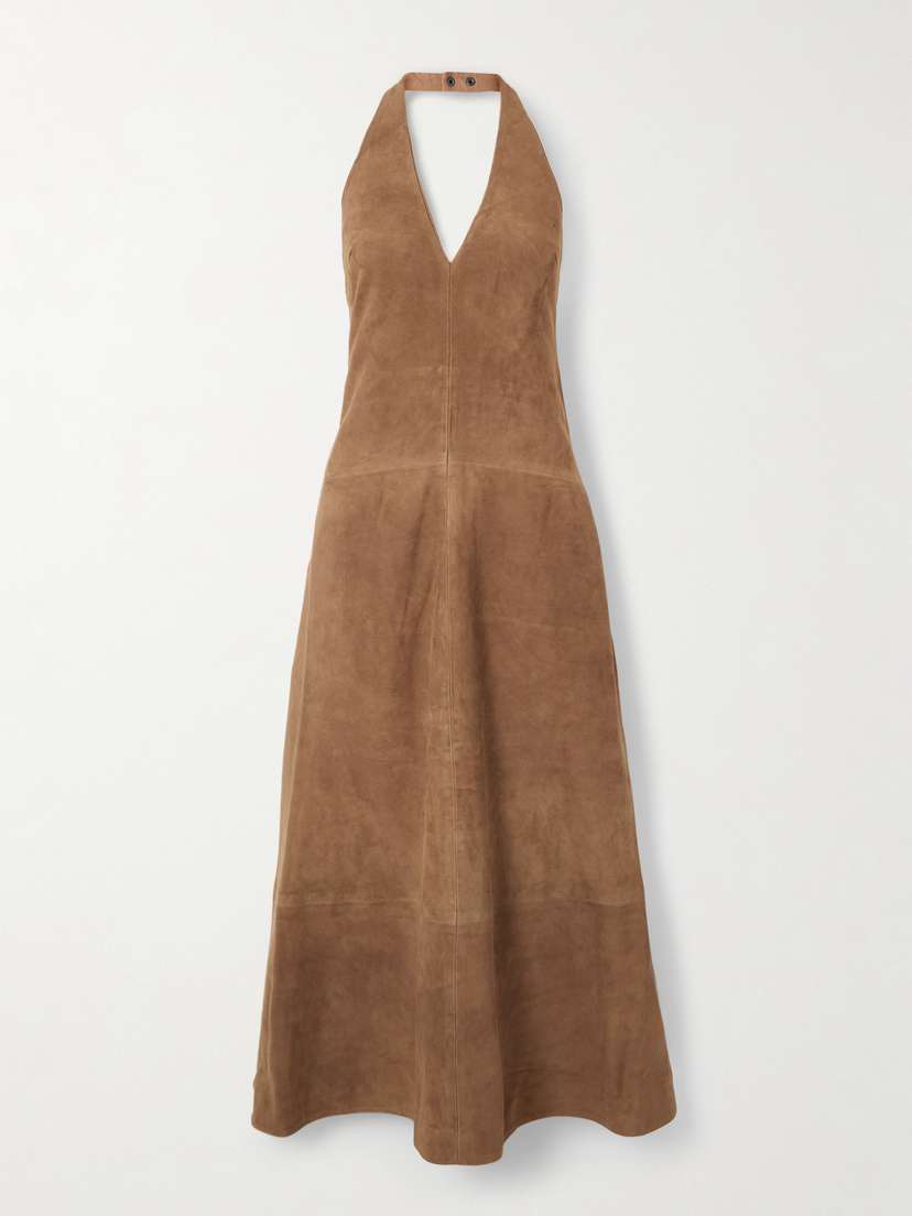 St. Agni Paneled Suede Halterneck Maxi Dress