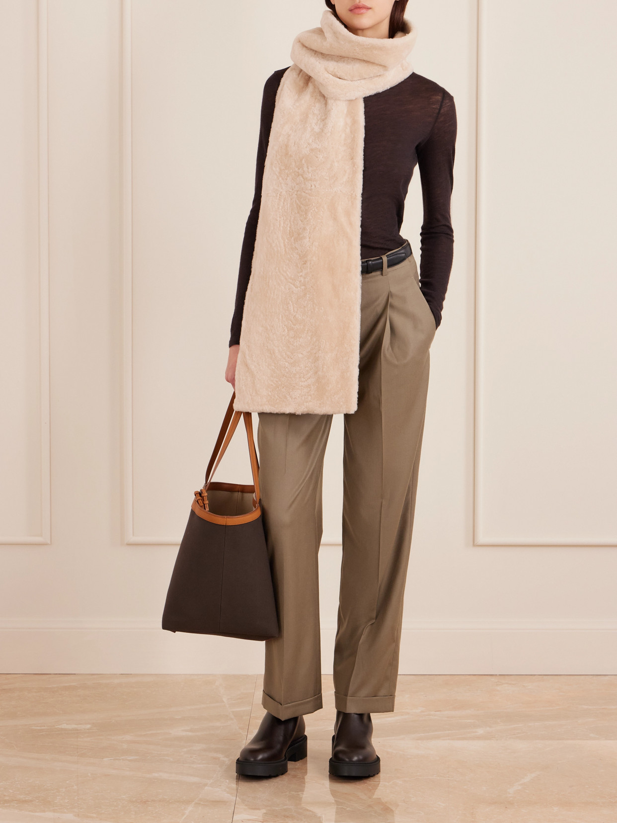 The Row Park Leather-trimmed Twill Tote In Brown