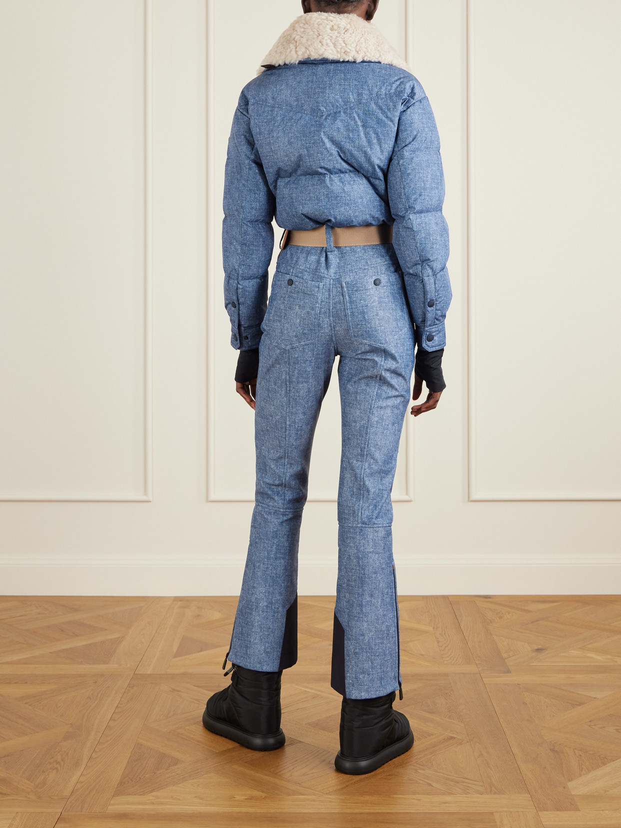 Moncler Belted Shearling-trimmed Down Ski Suit In Blue