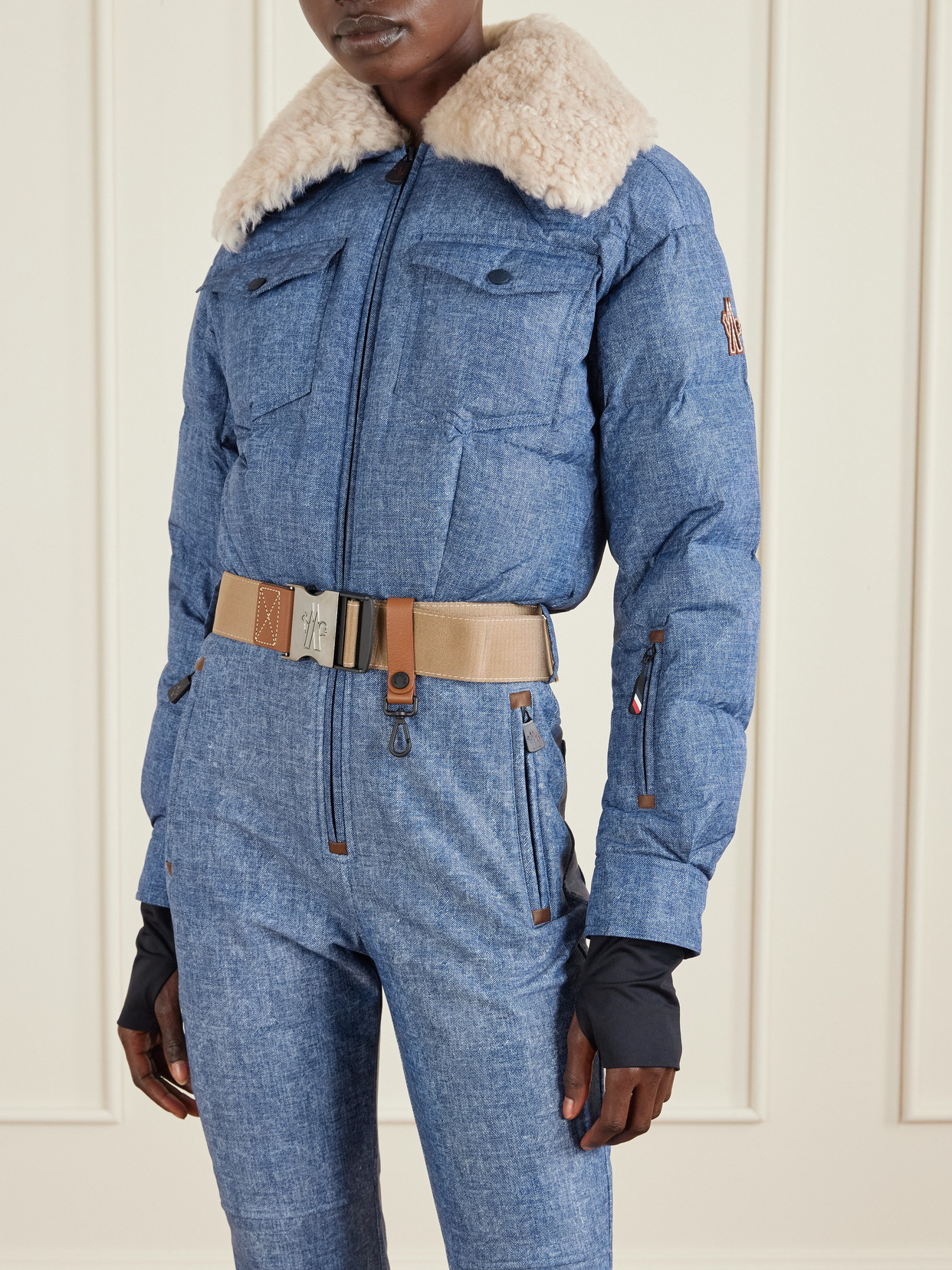 Moncler Belted Shearling-trimmed Down Ski Suit In Blue