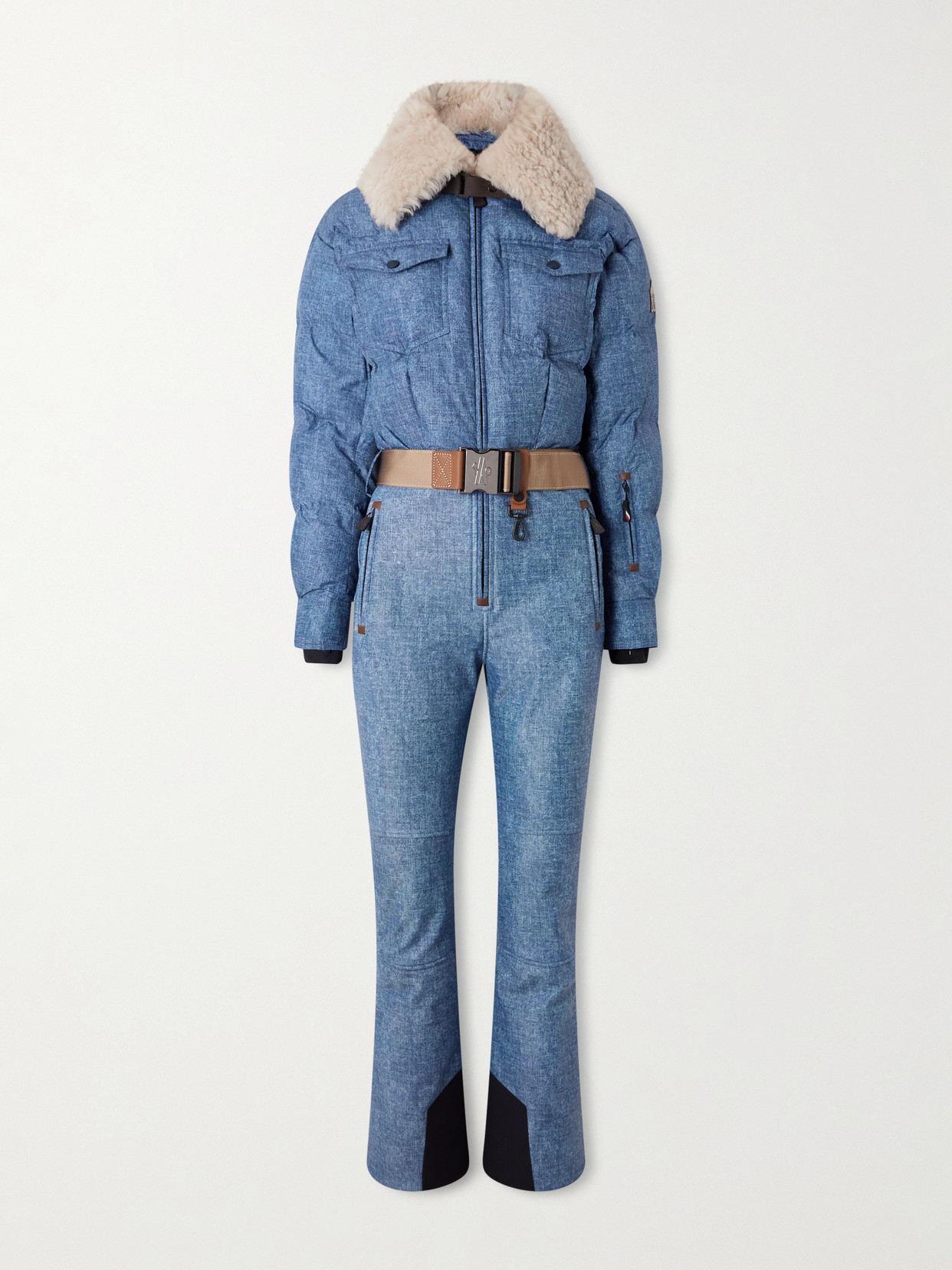 Moncler Belted Shearling-trimmed Down Ski Suit In Blue