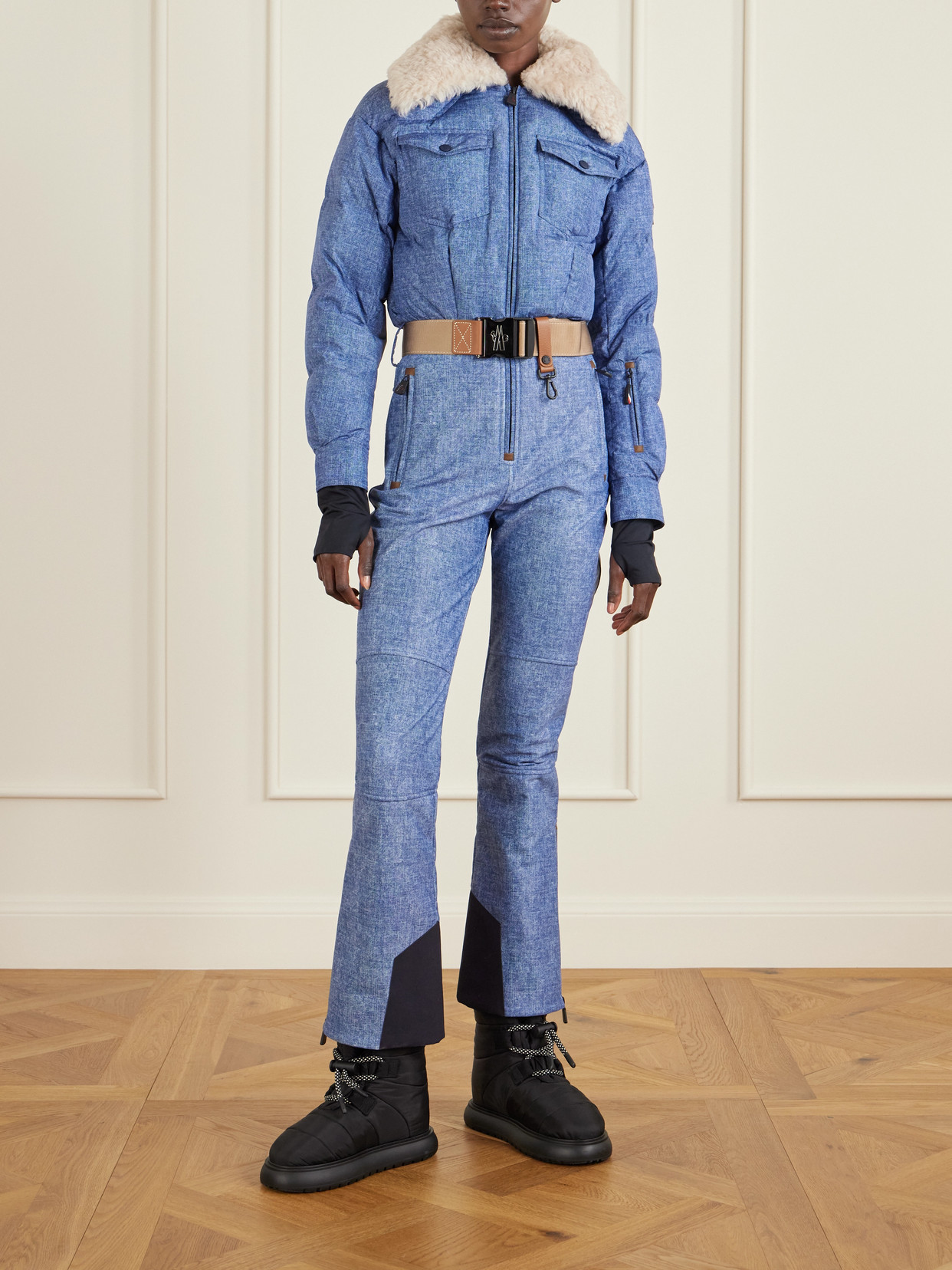 Moncler Belted Shearling-trimmed Down Ski Suit In Blue