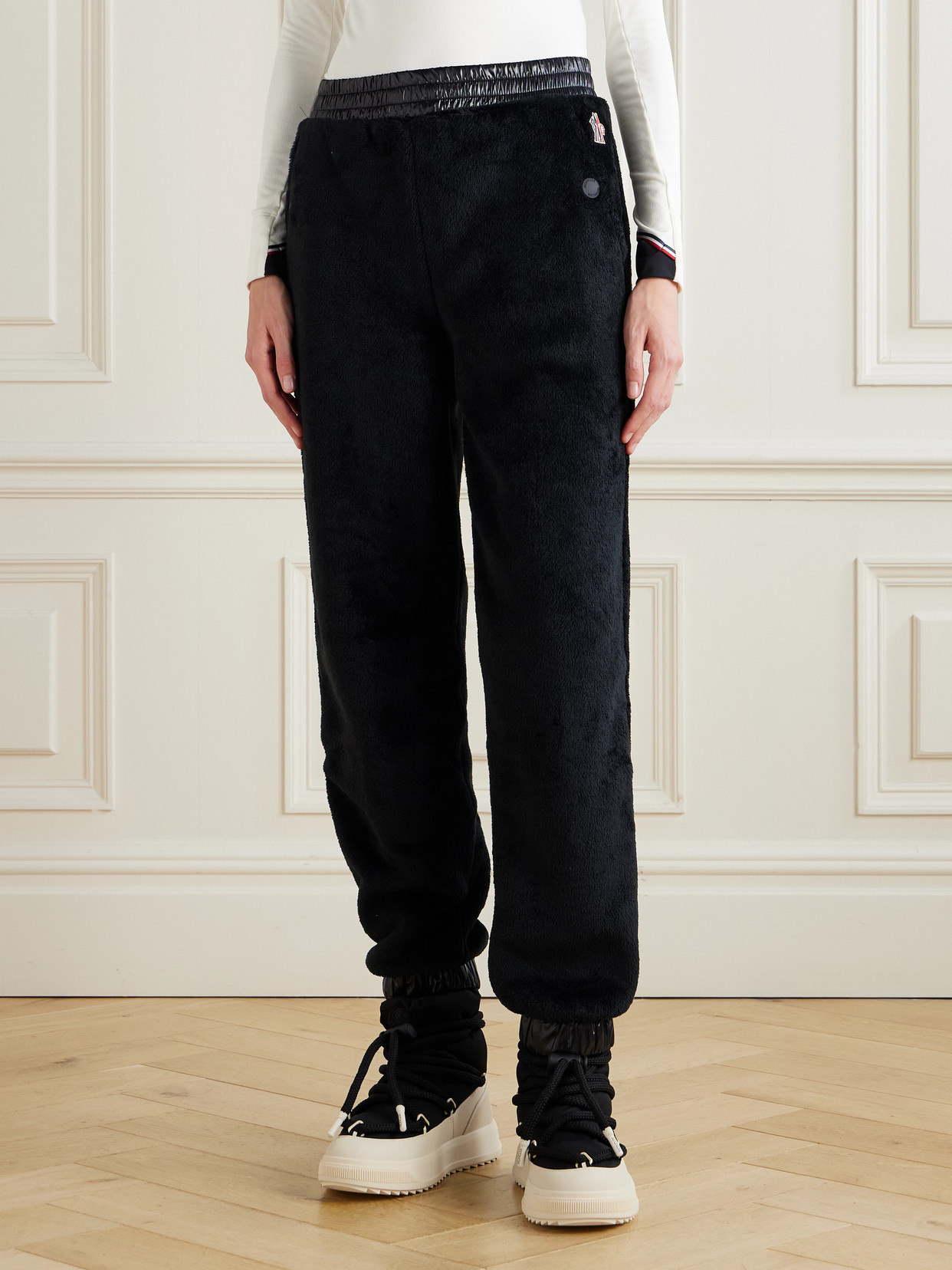 Moncler Shell-trimmed Fleece Tapered Sweatpants In Black