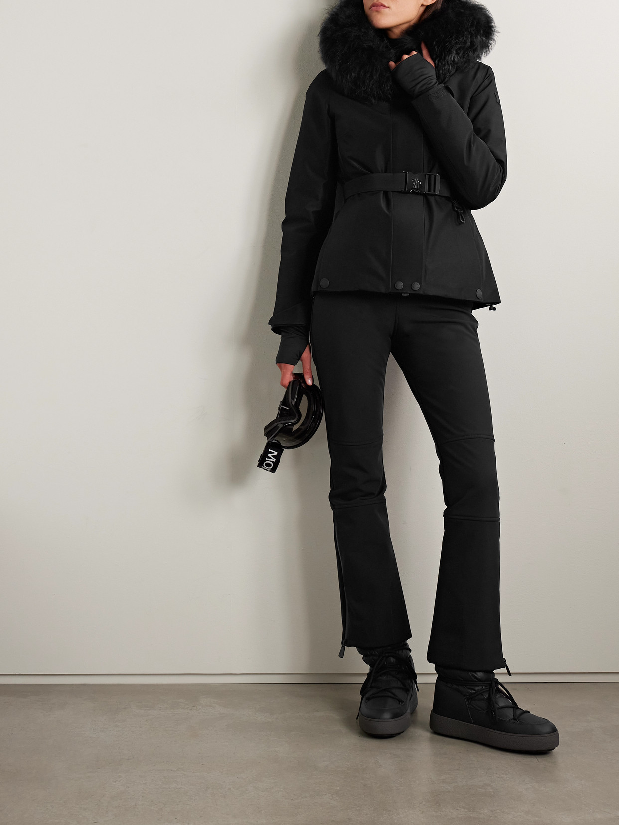 Moncler Laplance Shearling-trimmed Belted Gore-tex Down Jacket In Black