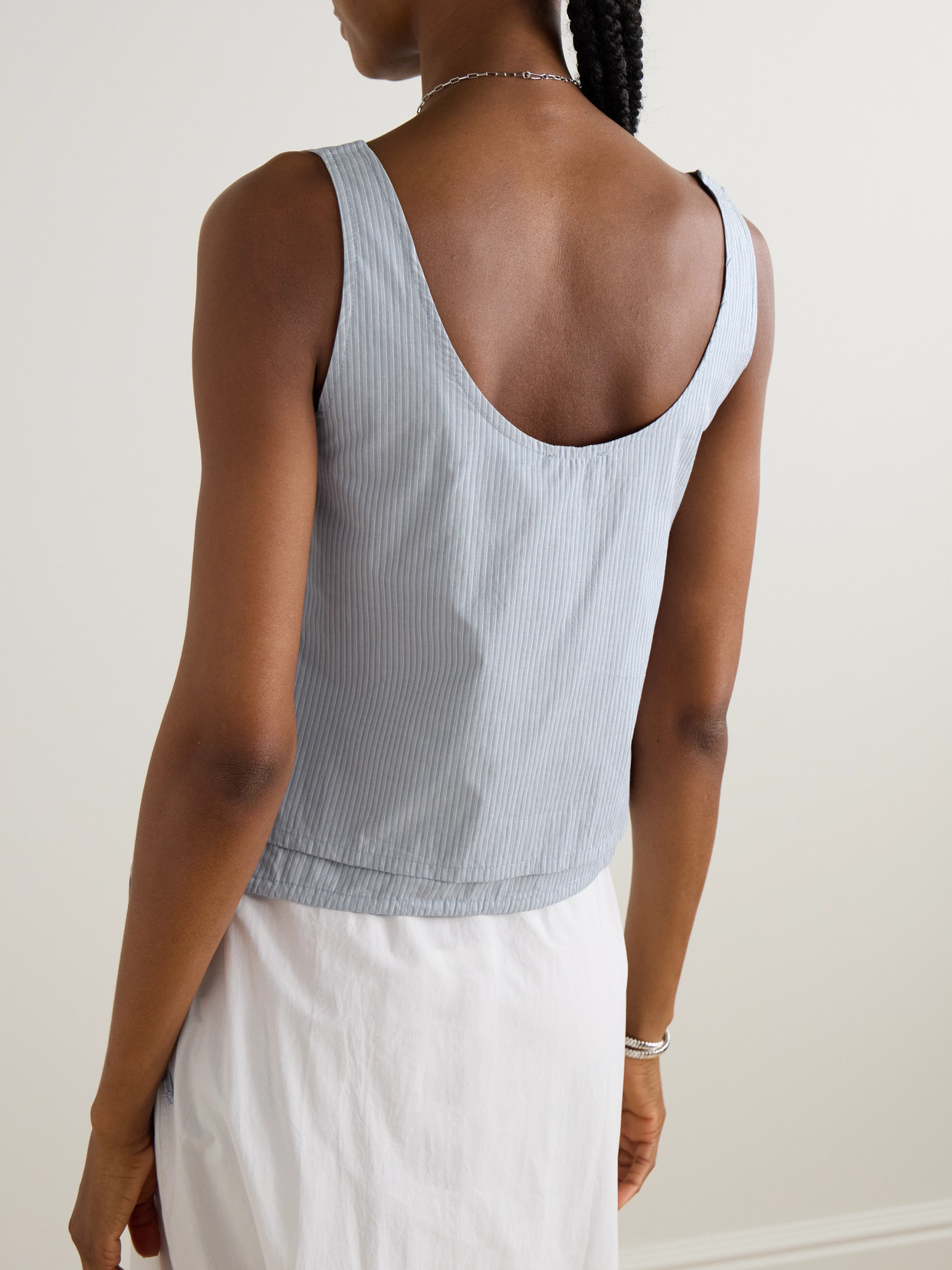 Tie-Detailed Layered Striped Organic Cotton-Poplin Tank