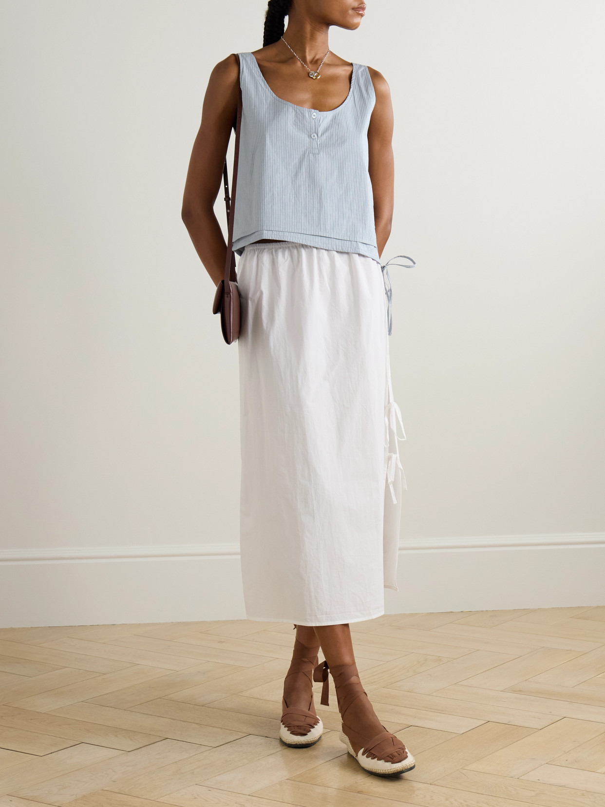 Tie-Detailed Layered Striped Organic Cotton-Poplin Tank