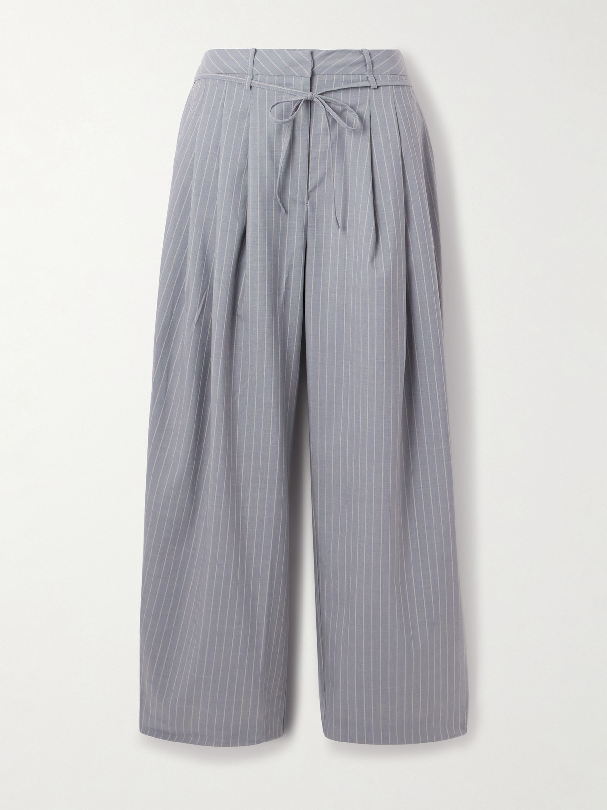 Deiji Studios Belted Pleated Striped Wool Straight-leg Pants In Gray