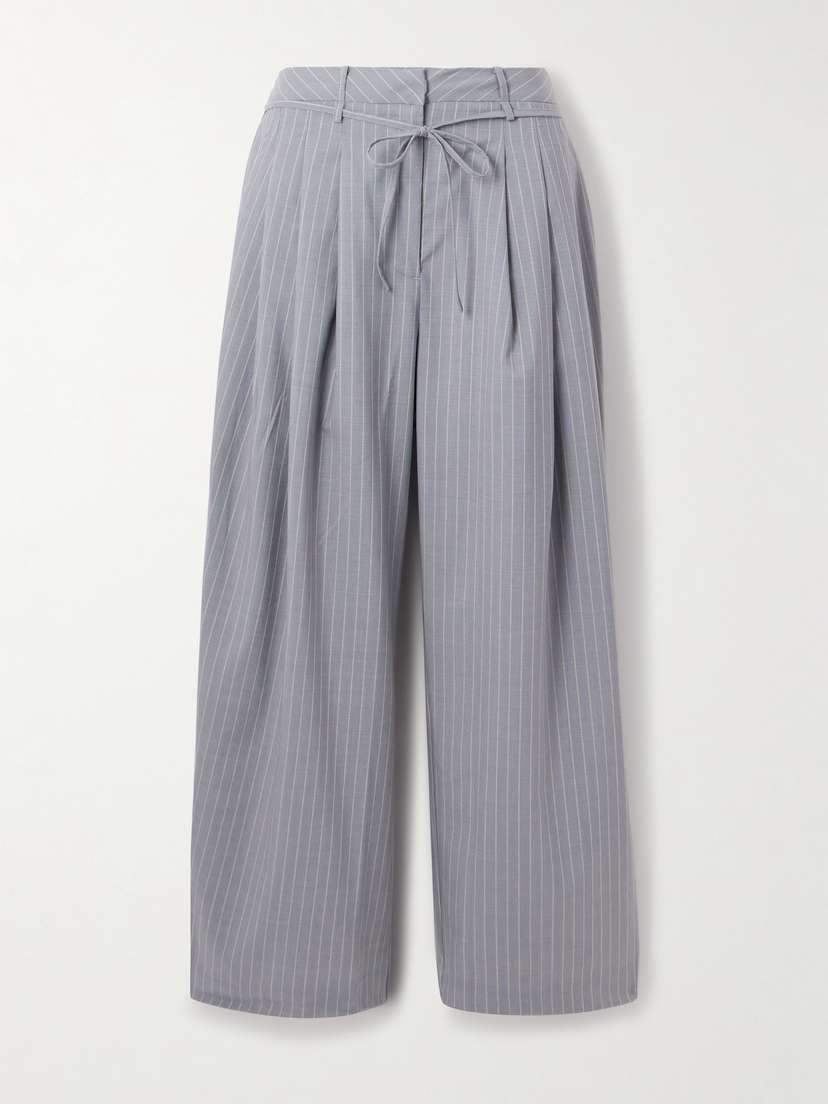 Deiji Studios Belted Pleated Striped Wool Straight-leg Pants