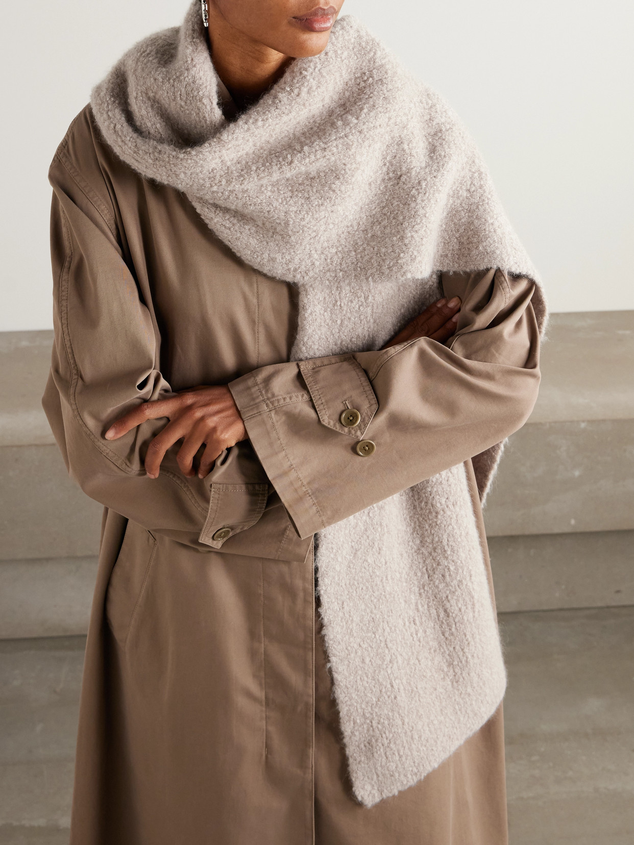 The Row Luthgard Cashmere, Alpaca And Silk-blend Bouclé Scarf In Neutral