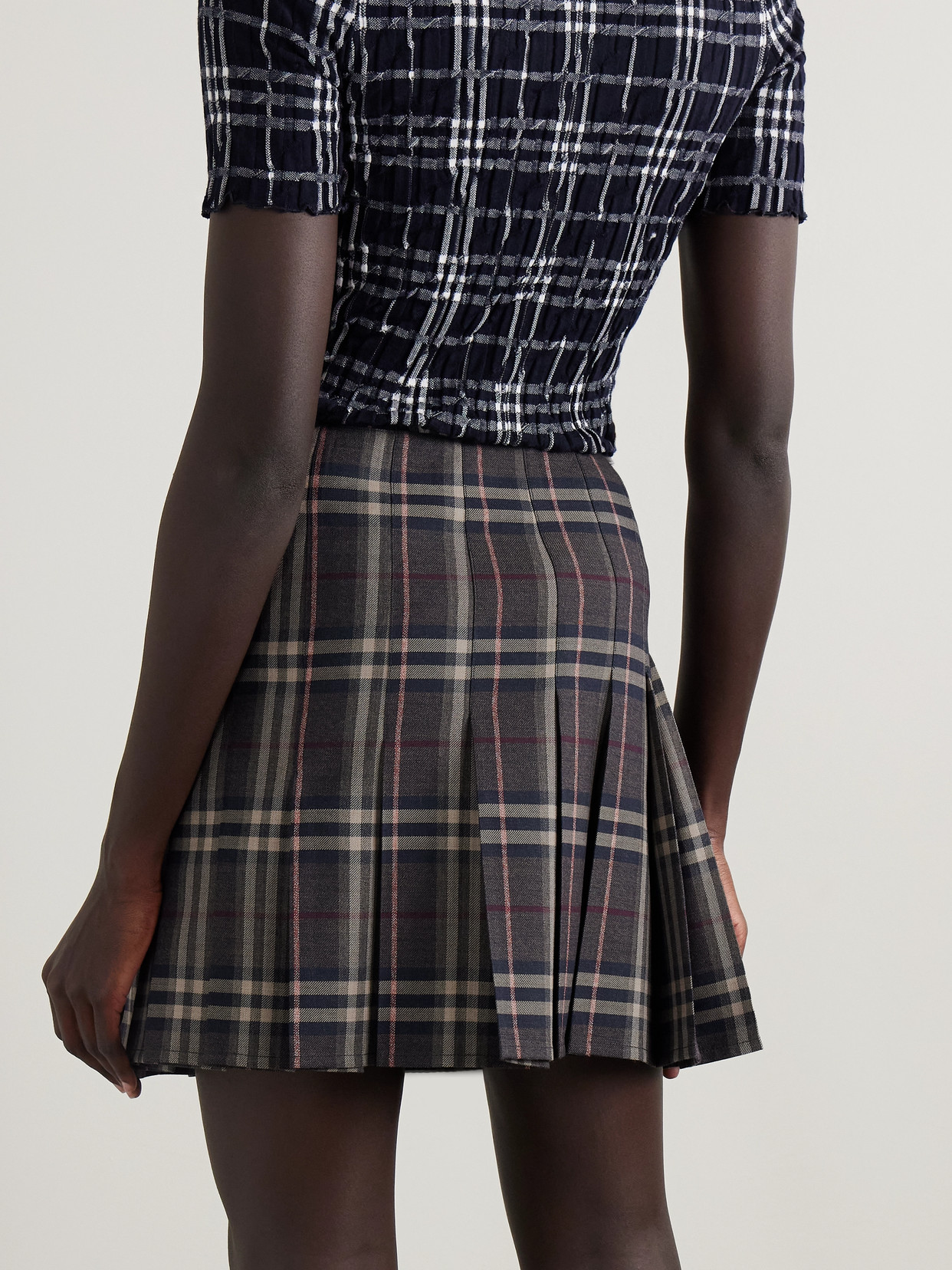 Burberry Leather-trimmed Pleated Checked Wool Mini Skirt In Black