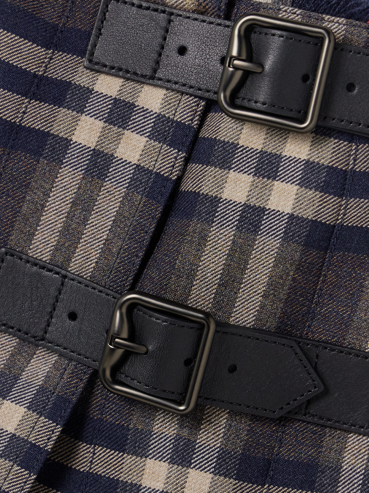 Burberry Leather-trimmed Pleated Checked Wool Mini Skirt In Black