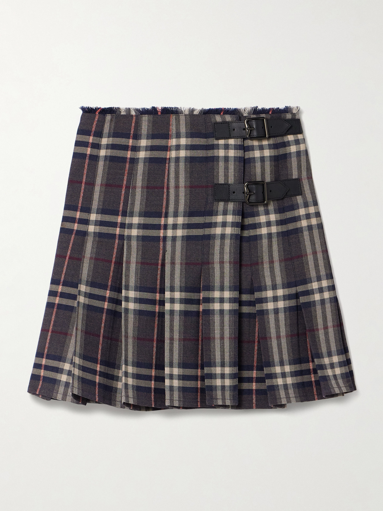 Burberry Leather-trimmed Pleated Checked Wool Mini Skirt In Black