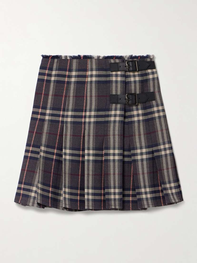Burberry Leather-trimmed Pleated Checked Wool Mini Skirt