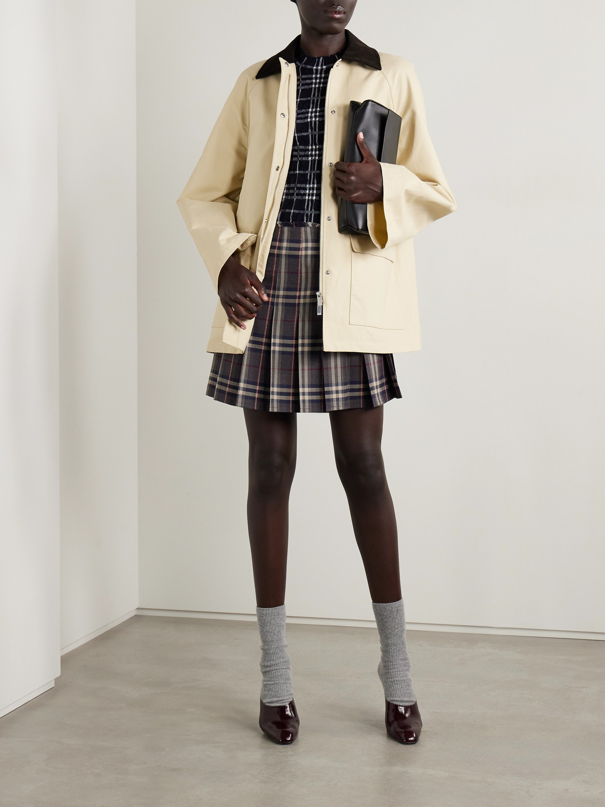 Burberry Leather-trimmed Pleated Checked Wool Mini Skirt In Black