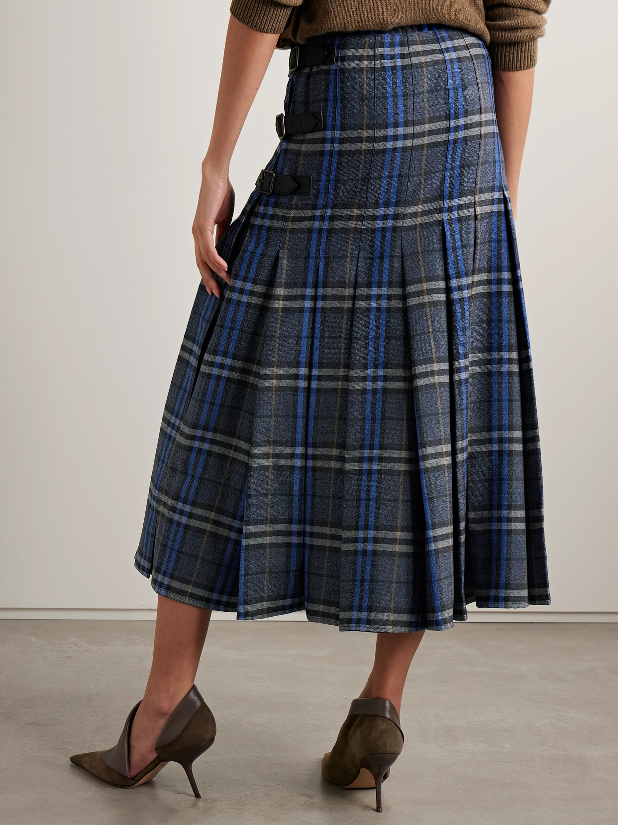 Burberry Leather-trimmed Pleated Checked Wool Midi Skirt