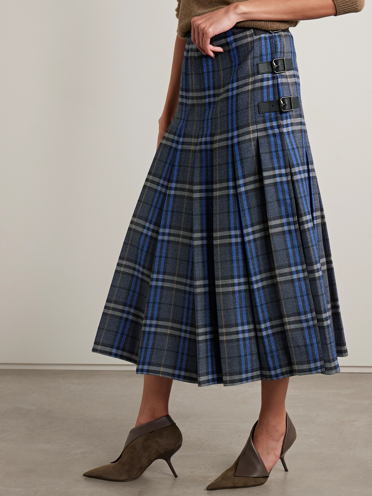 Burberry Leather-trimmed Pleated Checked Wool Midi Skirt