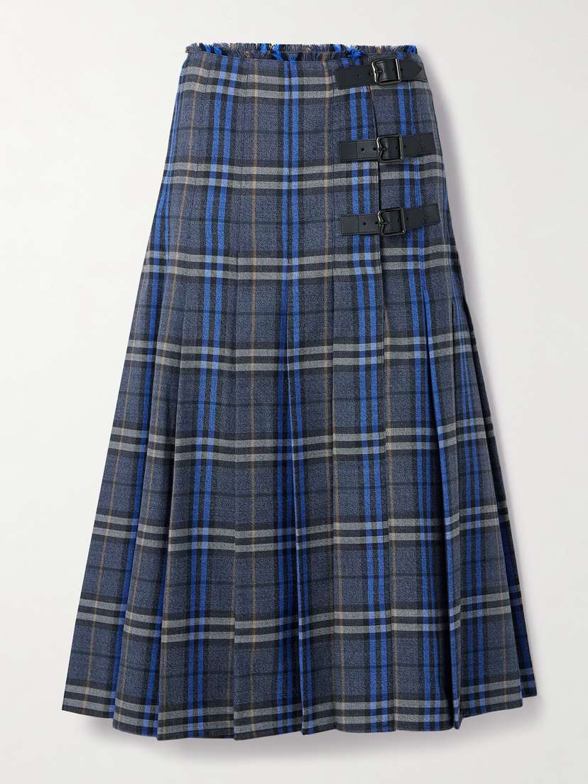 Burberry Leather-trimmed Pleated Checked Wool Midi Skirt