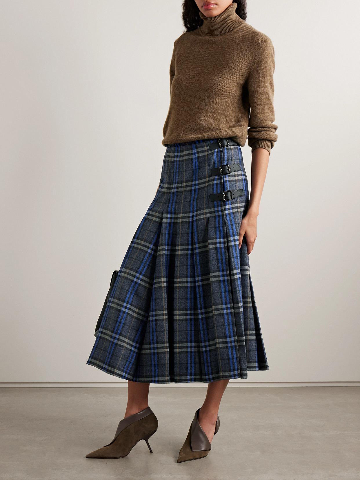 Burberry Leather-trimmed Pleated Checked Wool Midi Skirt