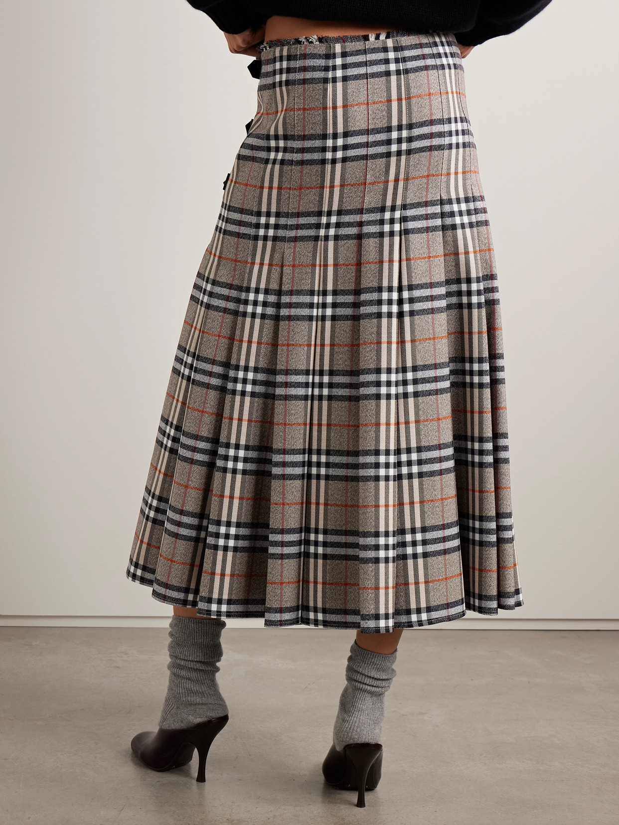 Burberry Leather-trimmed Pleated Checked Wool Midi Skirt