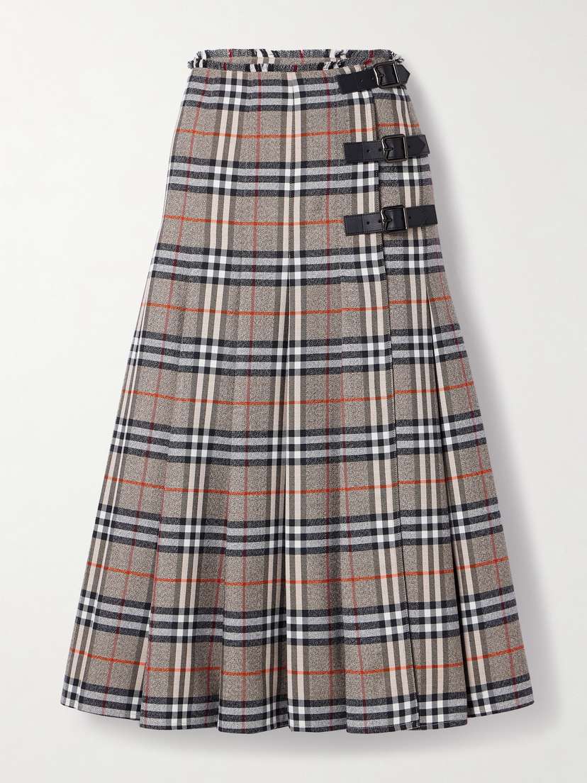 Burberry Leather-trimmed Pleated Checked Wool Midi Skirt
