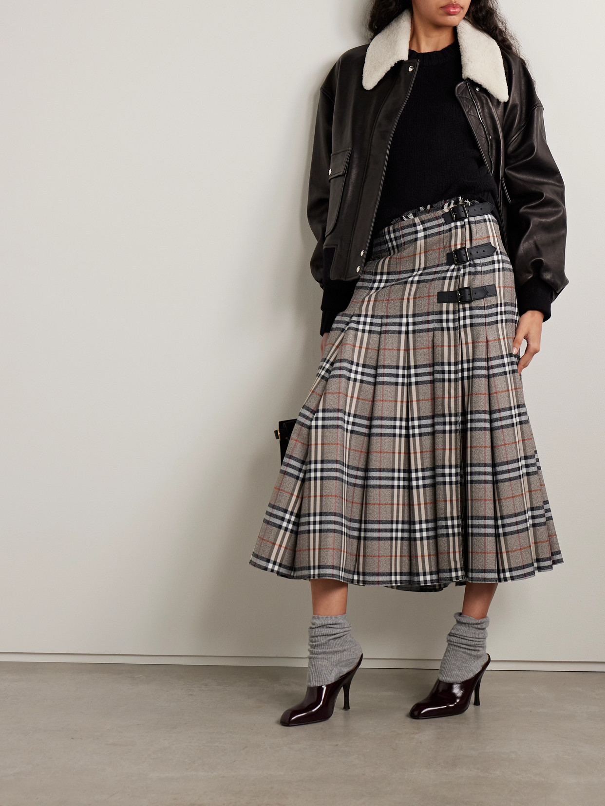 Burberry Leather-trimmed Pleated Checked Wool Midi Skirt