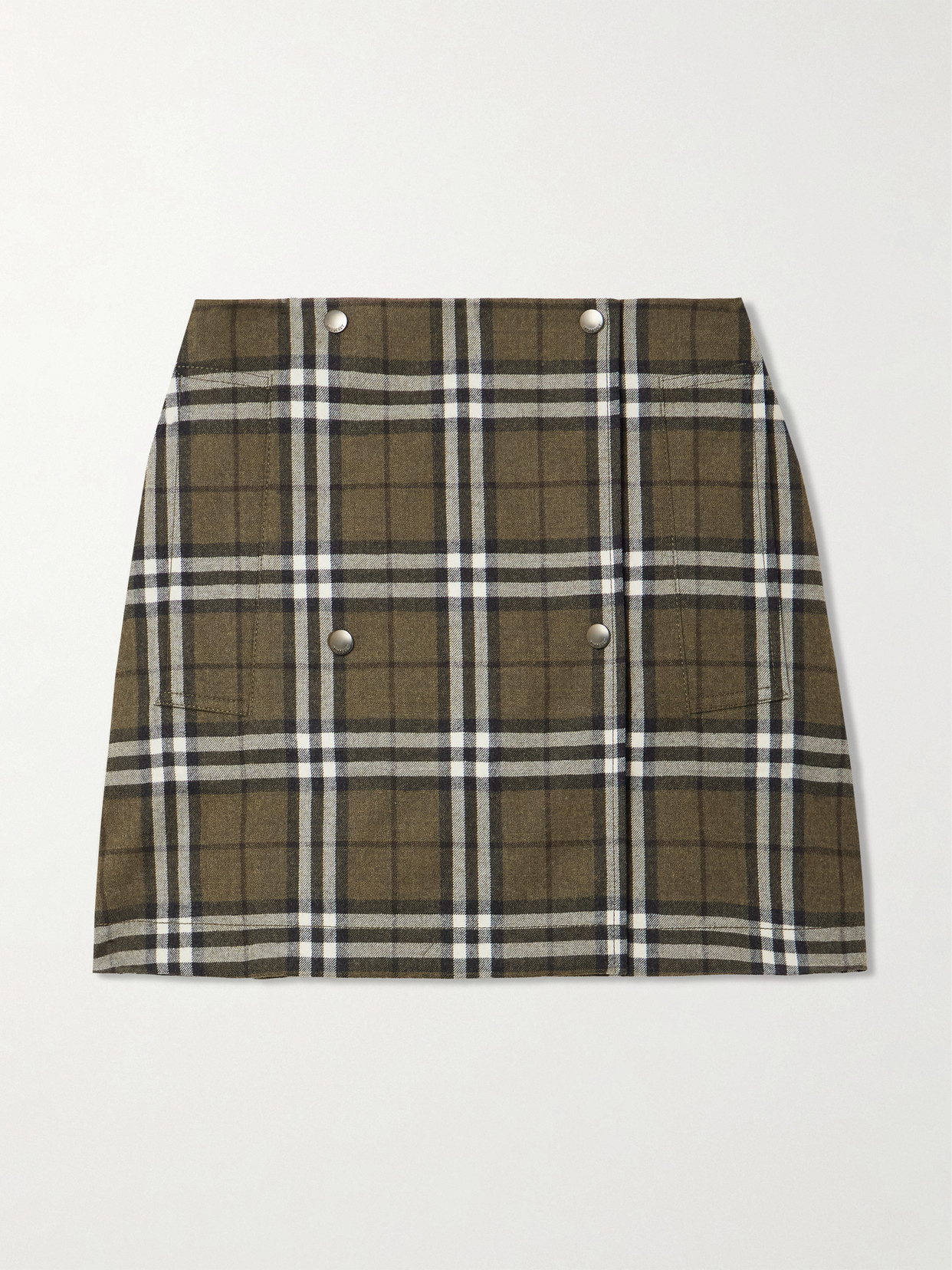 Burberry Button-embellished Checked Wool-twill Mini Skirt In Green