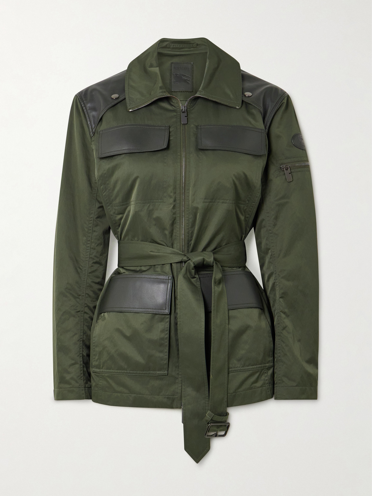 Burberry Belted Leather-trimmed Shell Jacket In Green