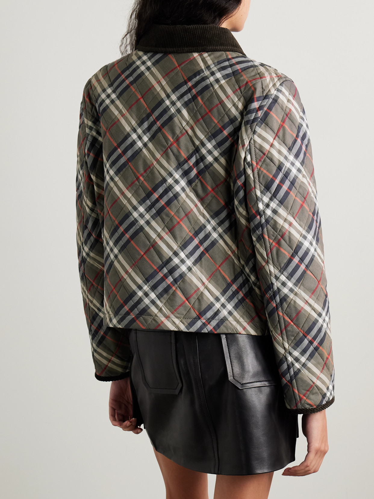 Burberry Corduroy-trimmed Quilted Checked Cotton Jacket In Gray