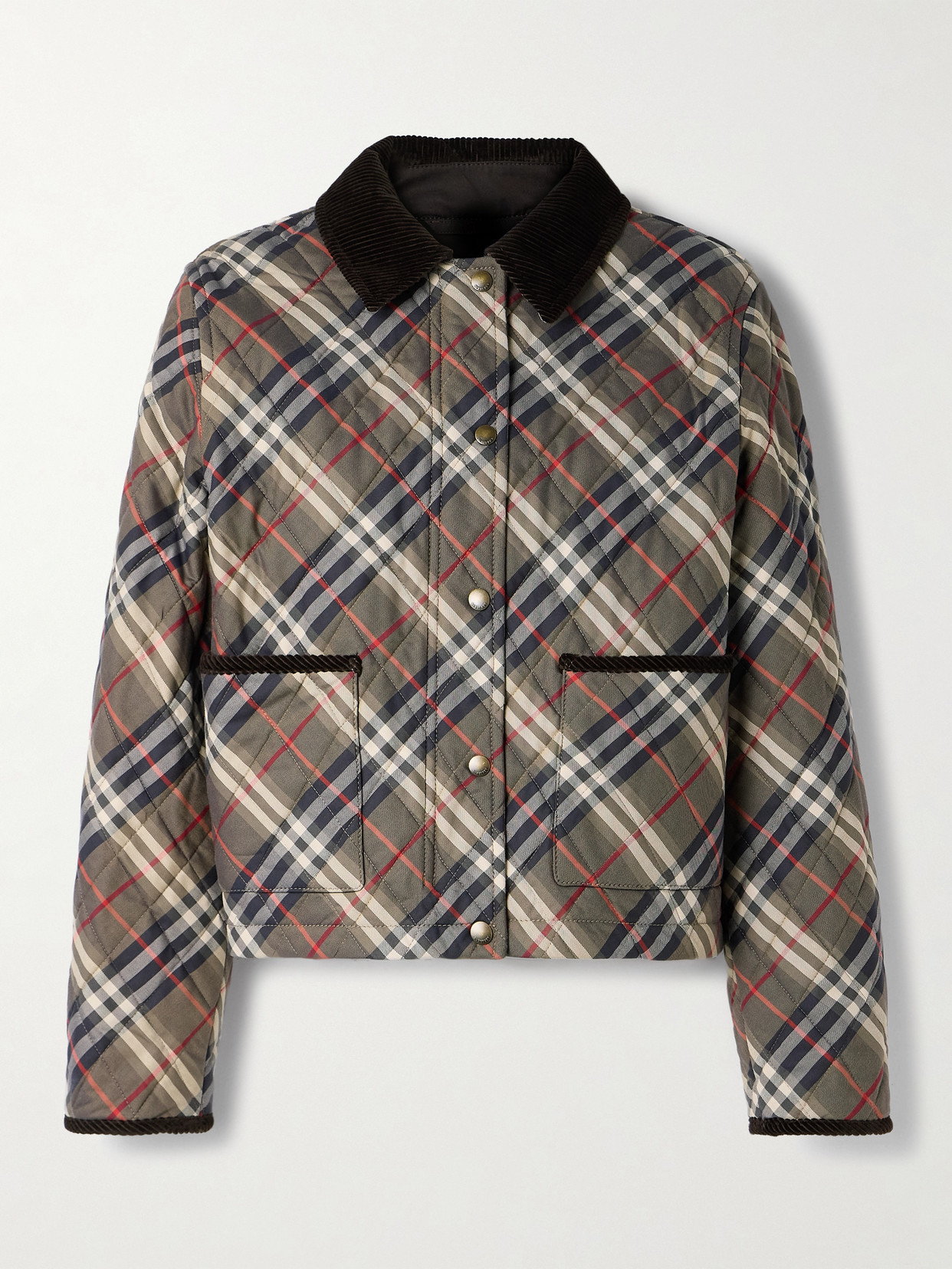 Burberry Corduroy-trimmed Quilted Checked Cotton Jacket In Gray