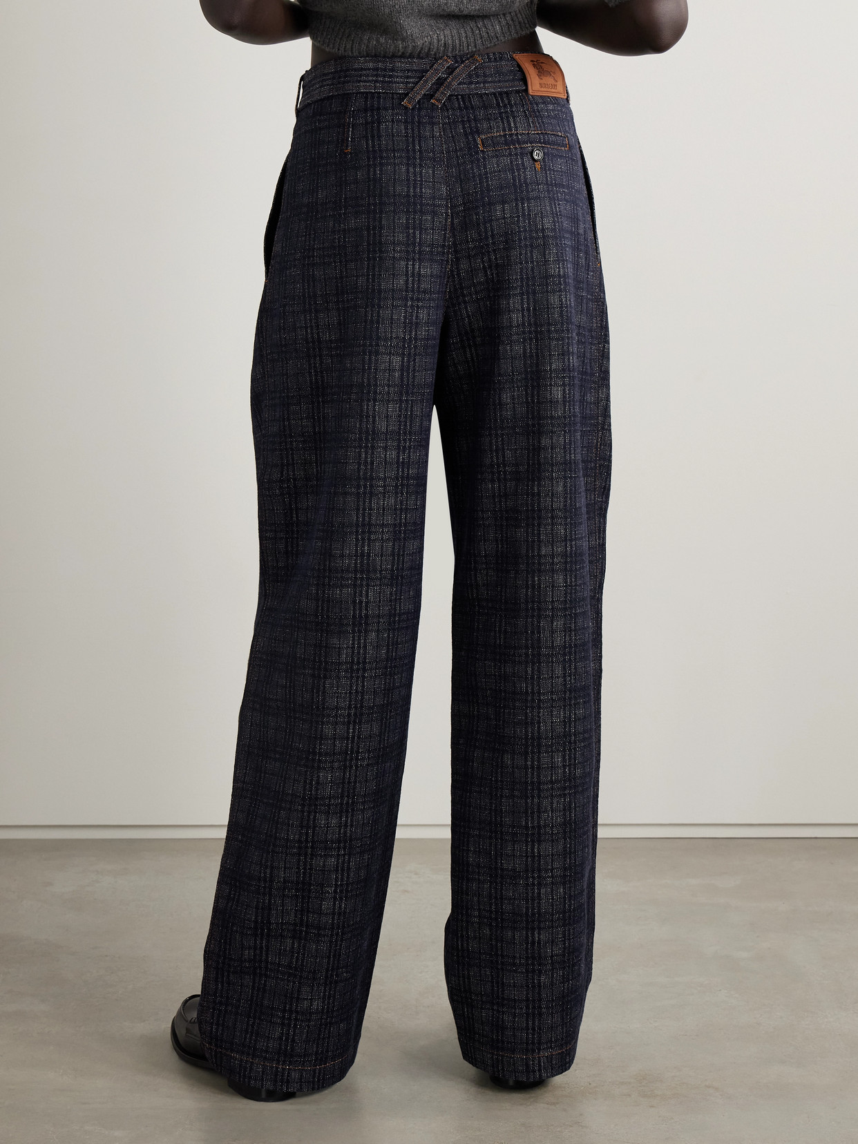 Burberry Belted Pleated Cotton-tweed Wide-leg Pants In Blue