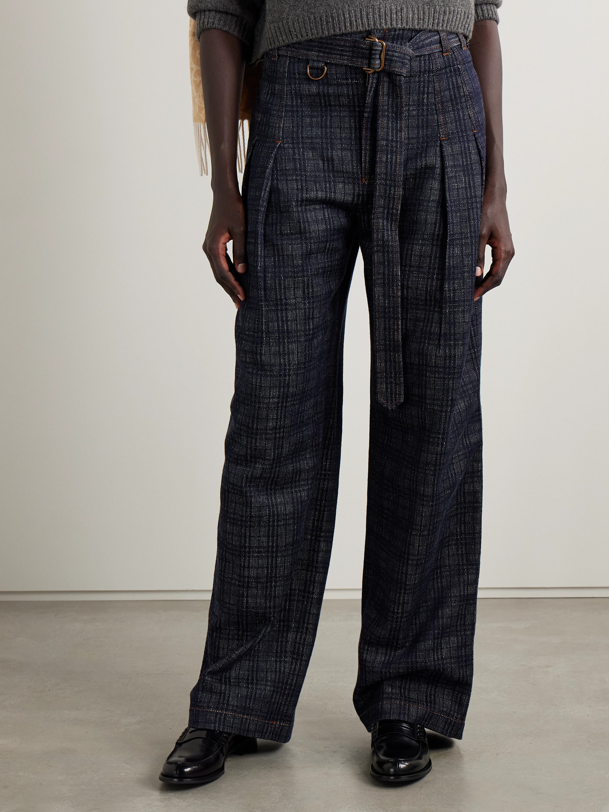 Burberry Belted Pleated Cotton-tweed Wide-leg Pants In Blue