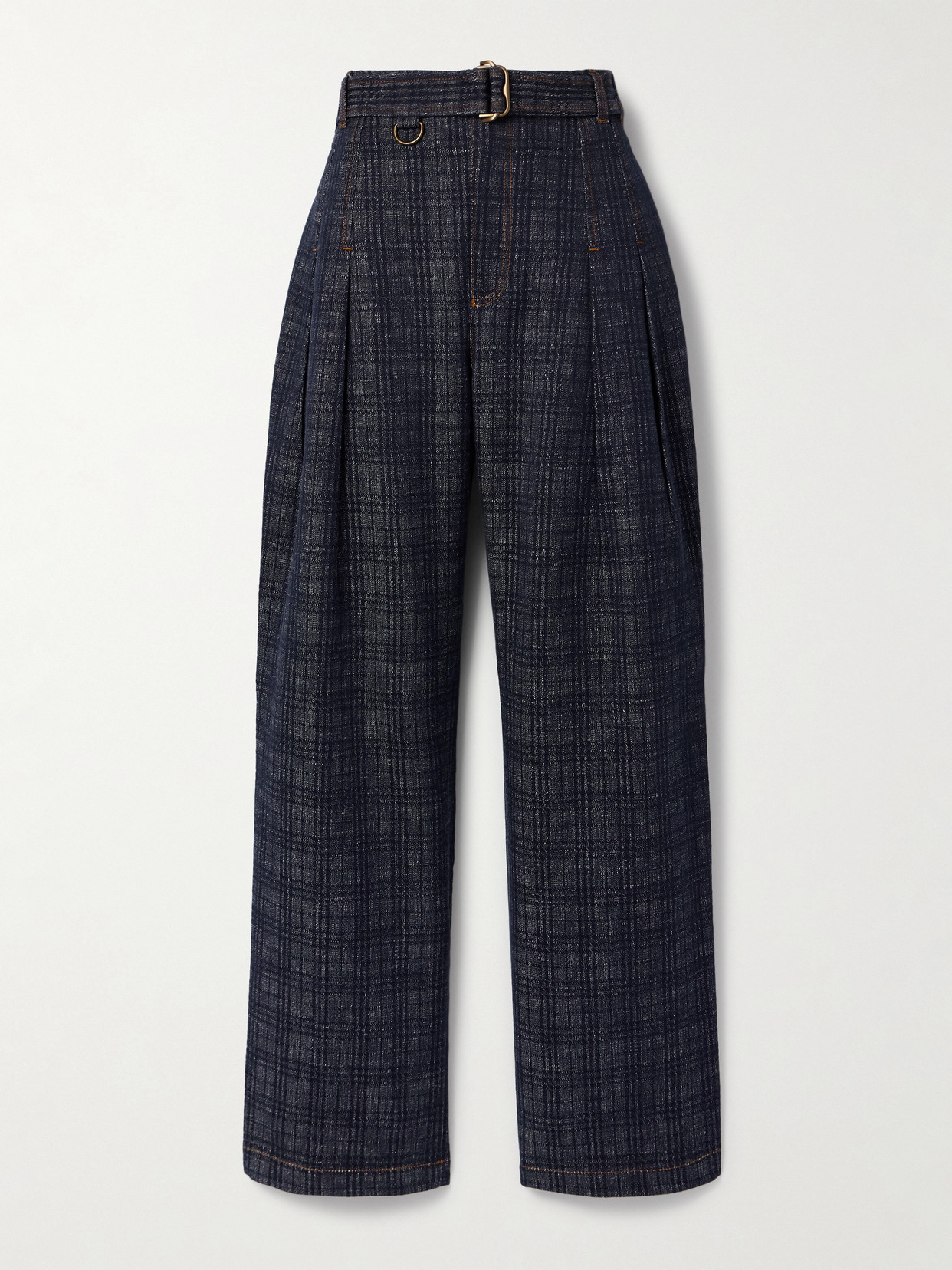 Burberry Belted Pleated Cotton-tweed Wide-leg Pants In Blue