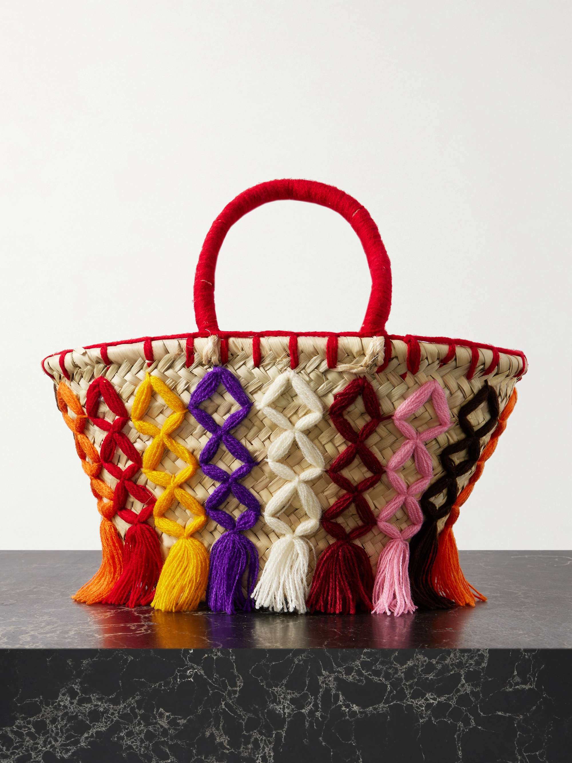 Small woven cotton and straw bucket bag - multi - One Size