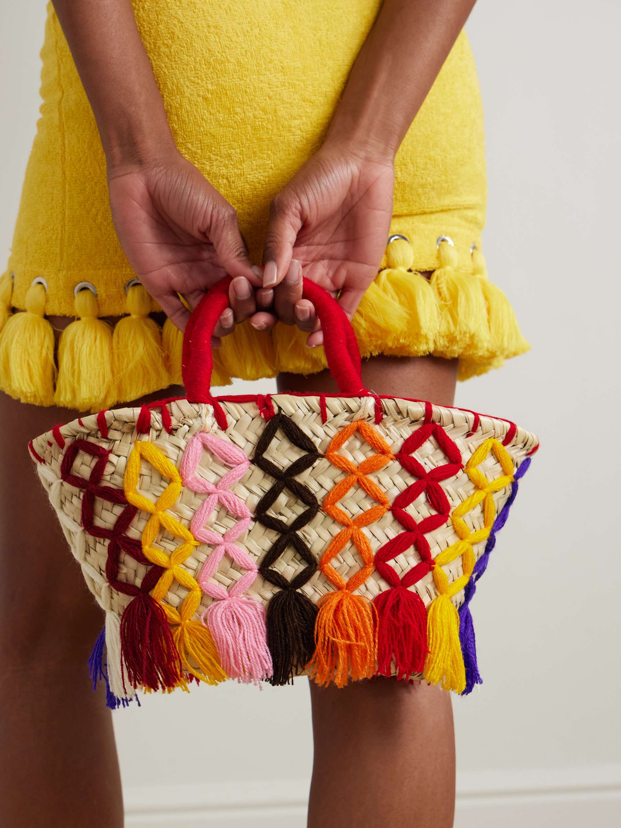 Small woven cotton and straw bucket bag - multi - One Size