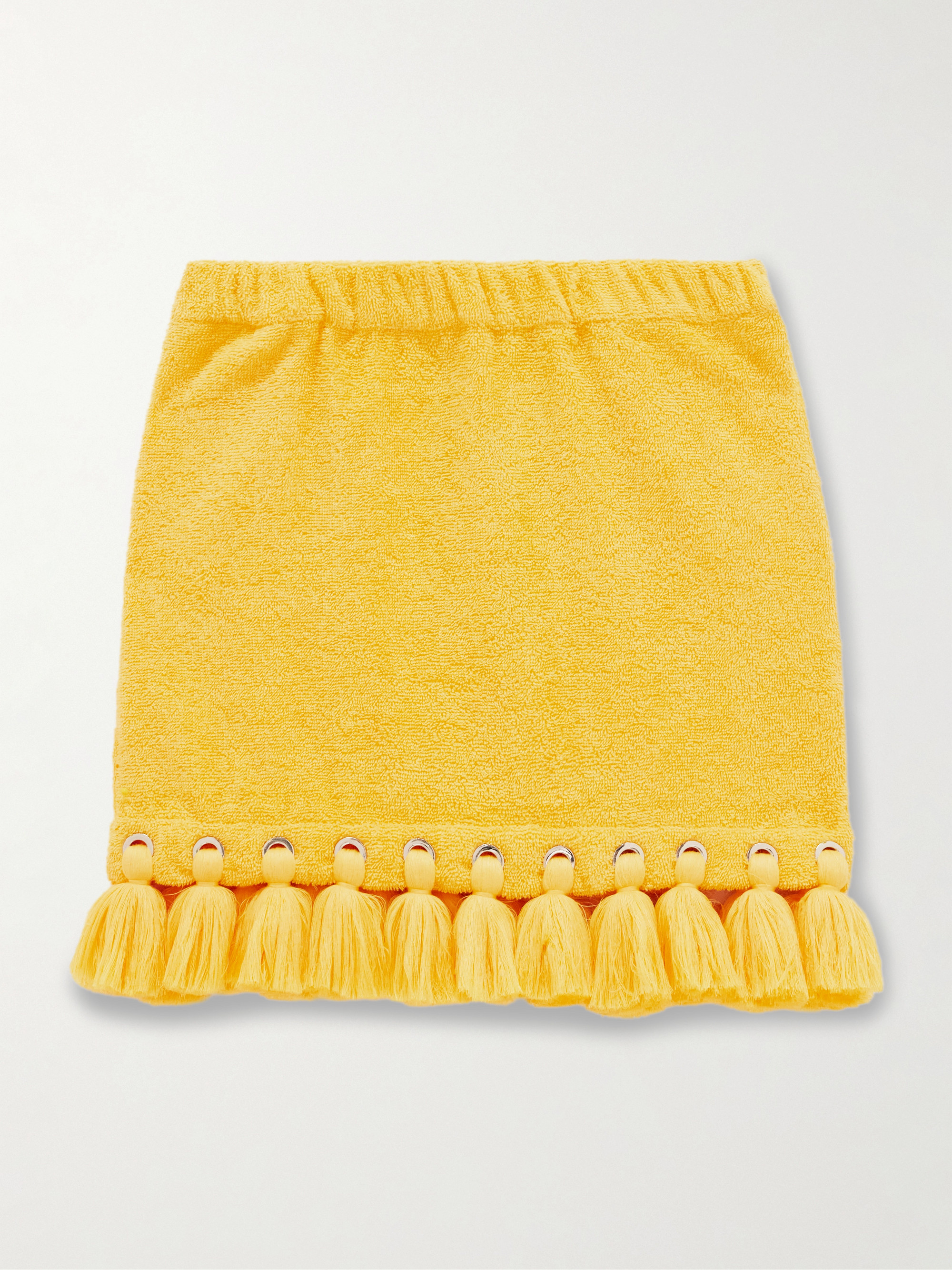 CAP D'ANTIBES Tasseled eyelet-embellished cotton-terry mini skirt