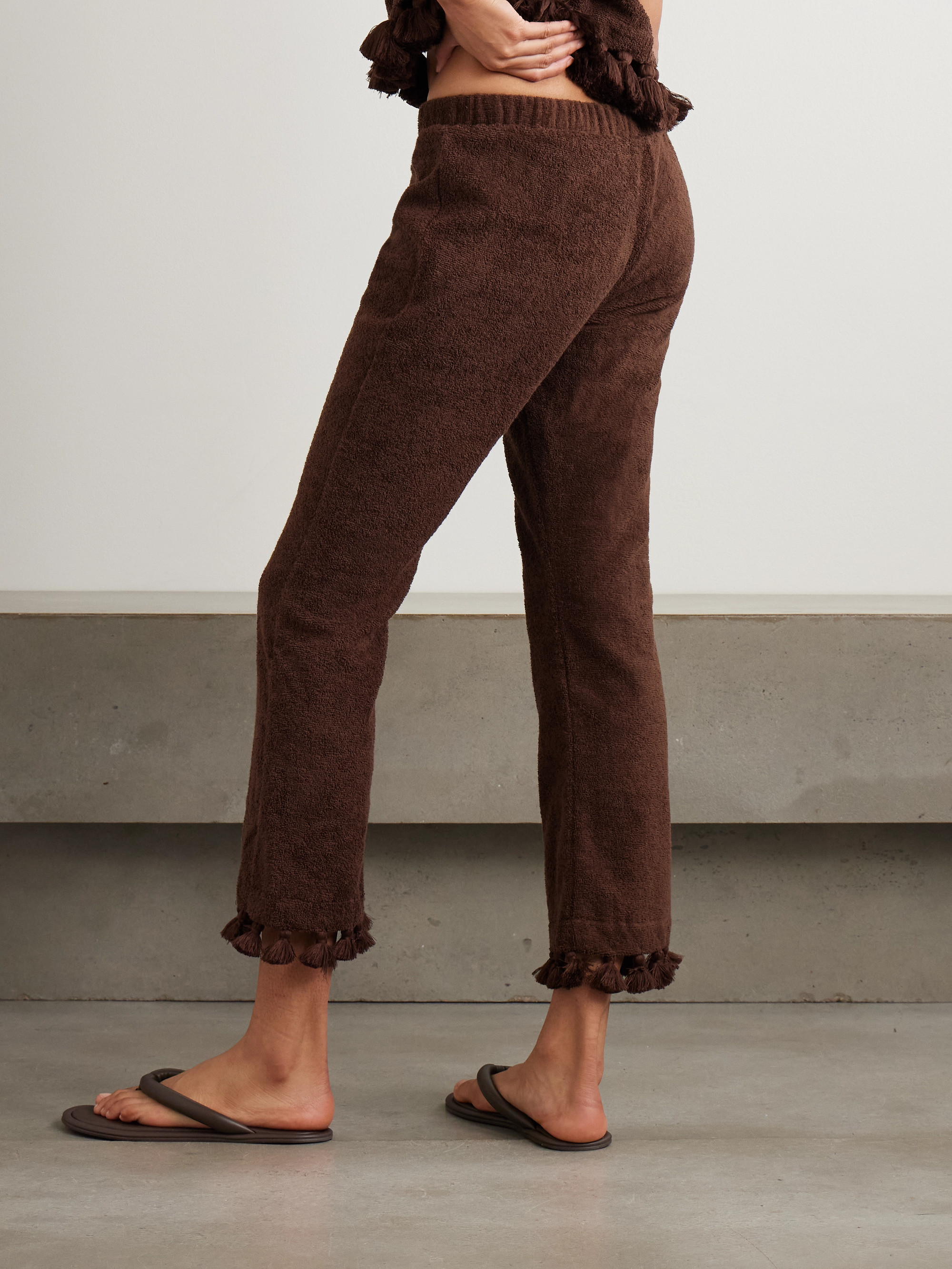 CAP D'ANTIBES Cropped flared tasseled cotton-terry pants